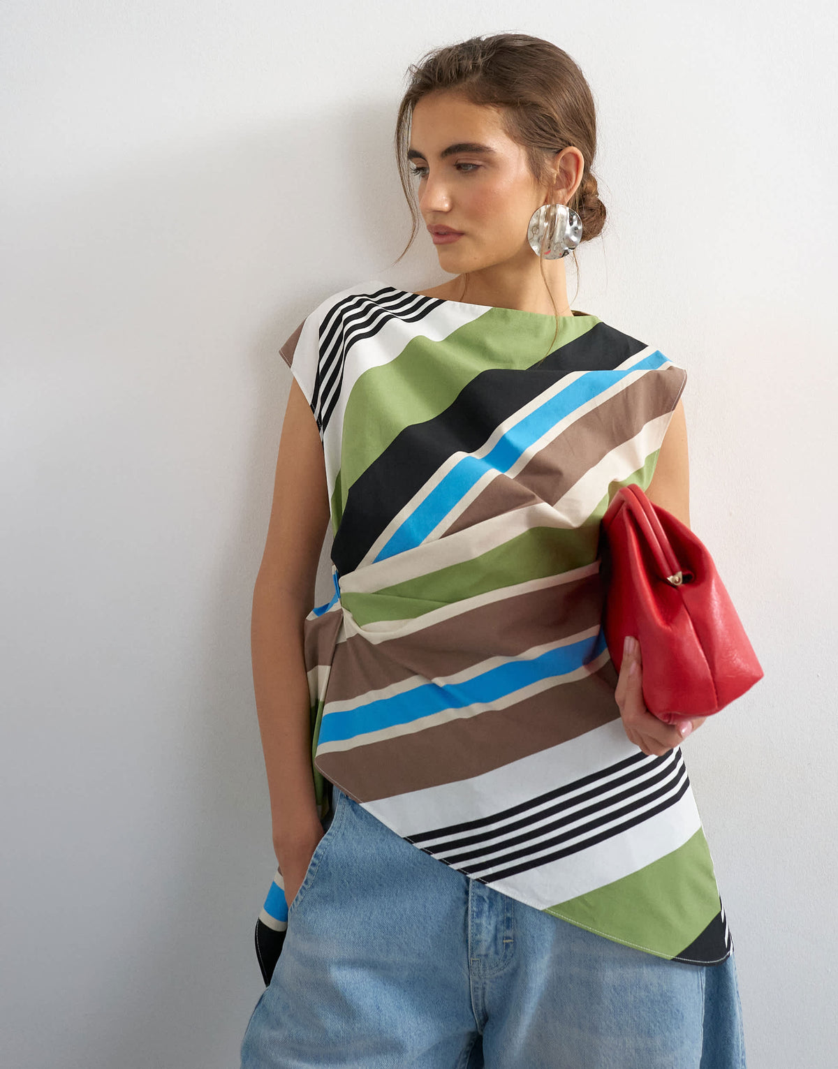 Topshop slash neck twist side top in green stripe