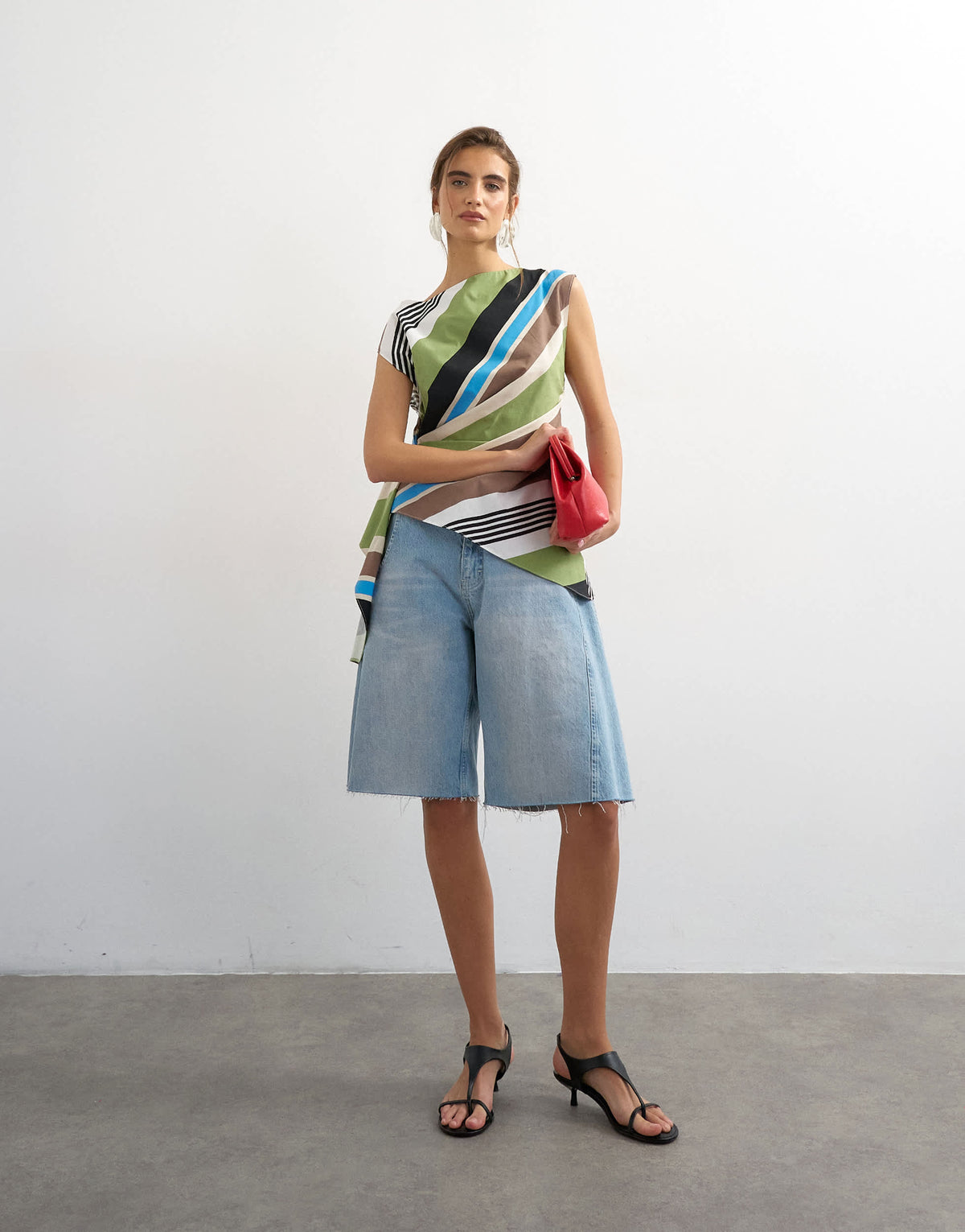 Topshop slash neck twist side top in green stripe