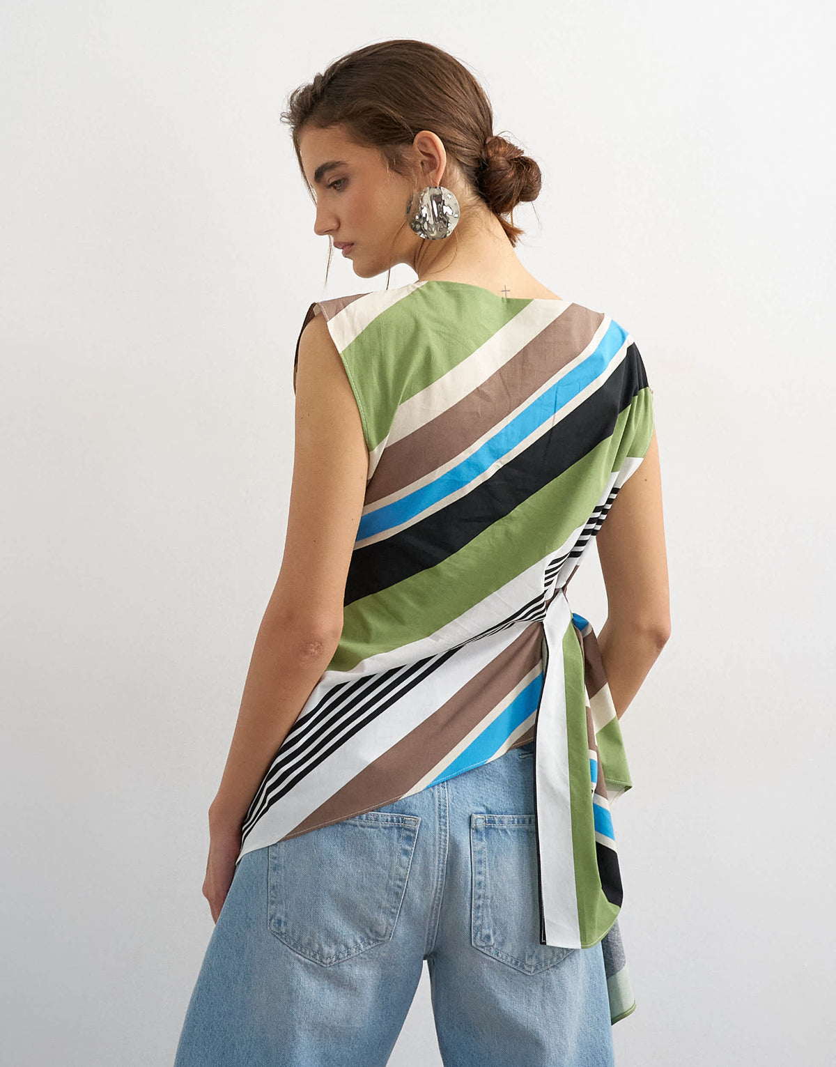 Topshop slash neck twist side top in green stripe