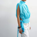 Topshop funnel neck gathered waist tie detail top in blue