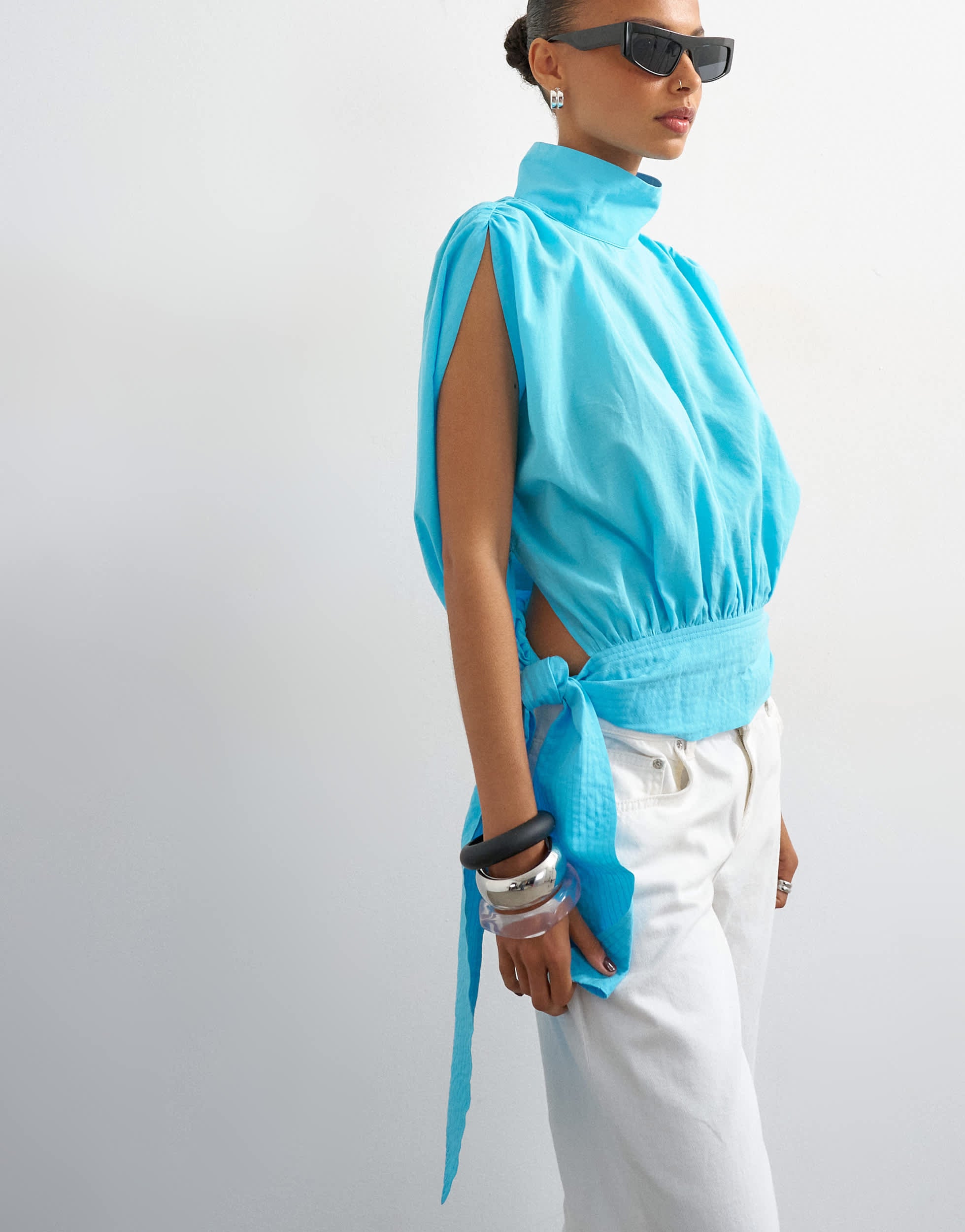 Topshop funnel neck gathered waist tie detail top in blue