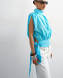 Topshop funnel neck gathered waist tie detail top in blue