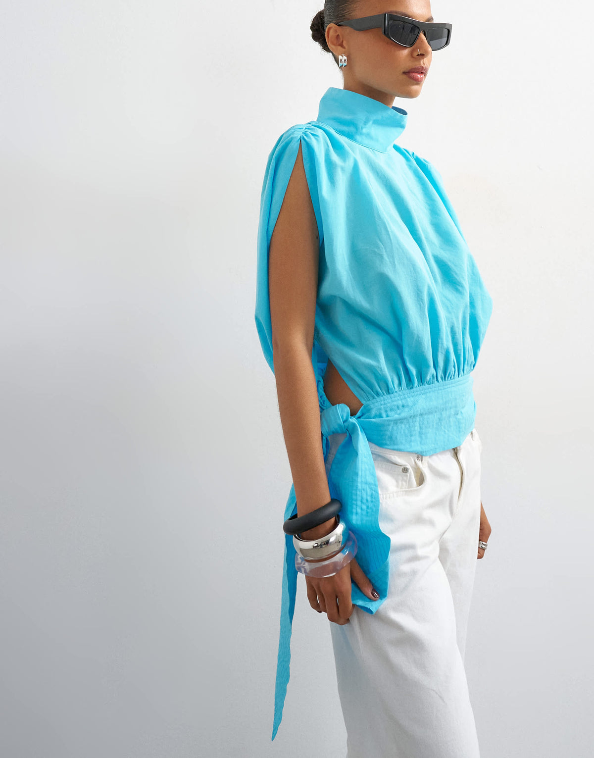 Topshop funnel neck gathered waist tie detail top in blue