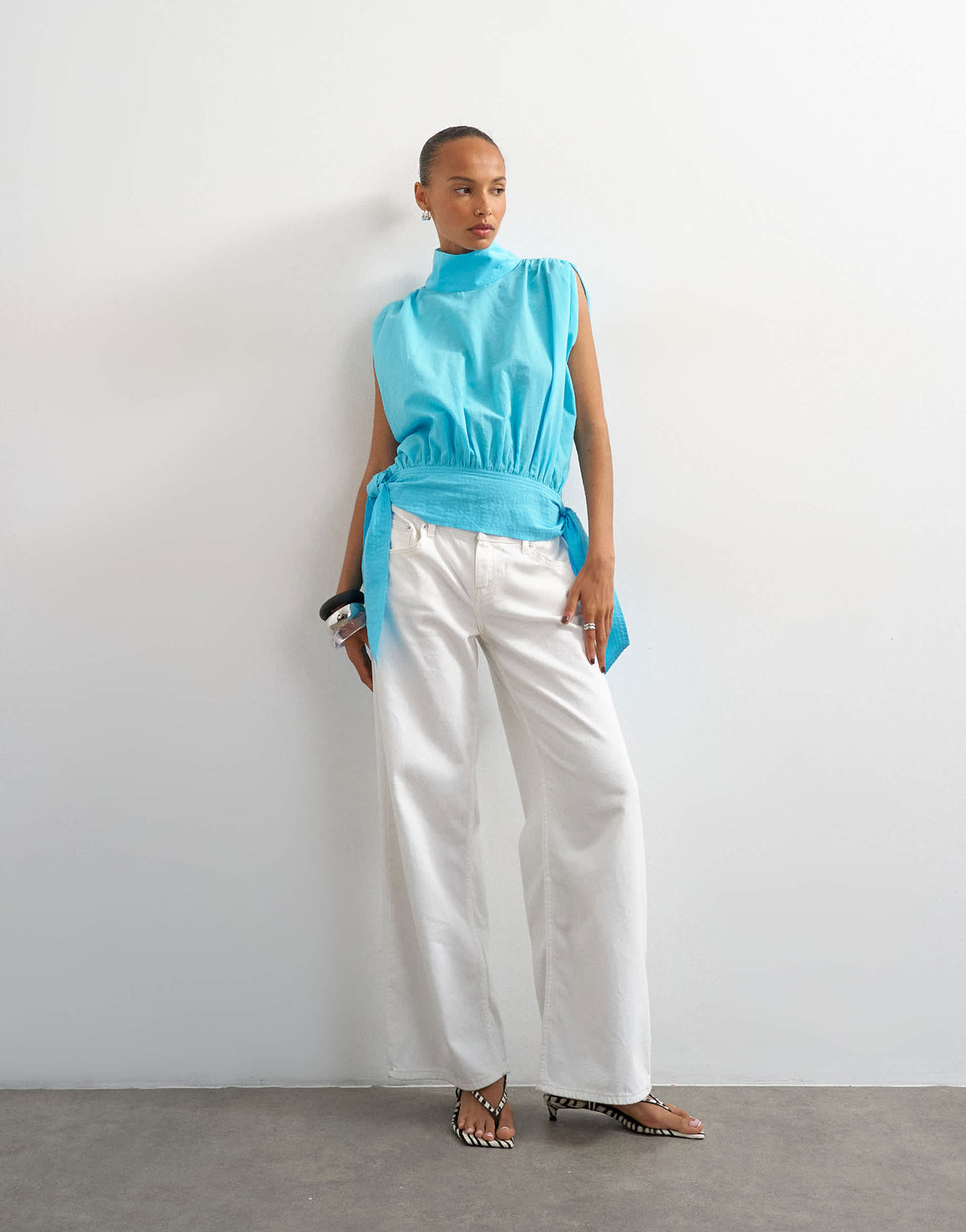 Topshop funnel neck gathered waist tie detail top in blue