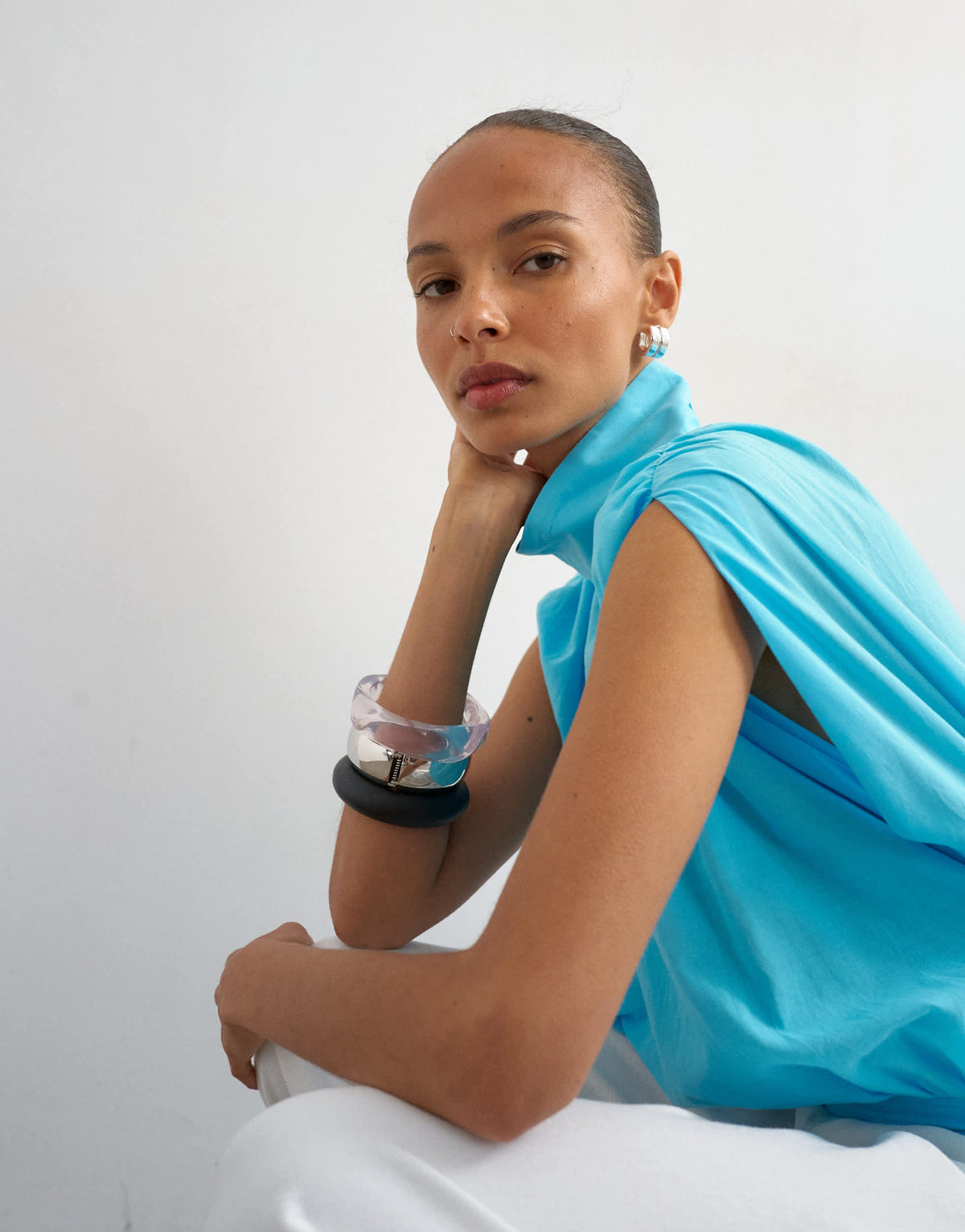 Topshop funnel neck gathered waist tie detail top in blue