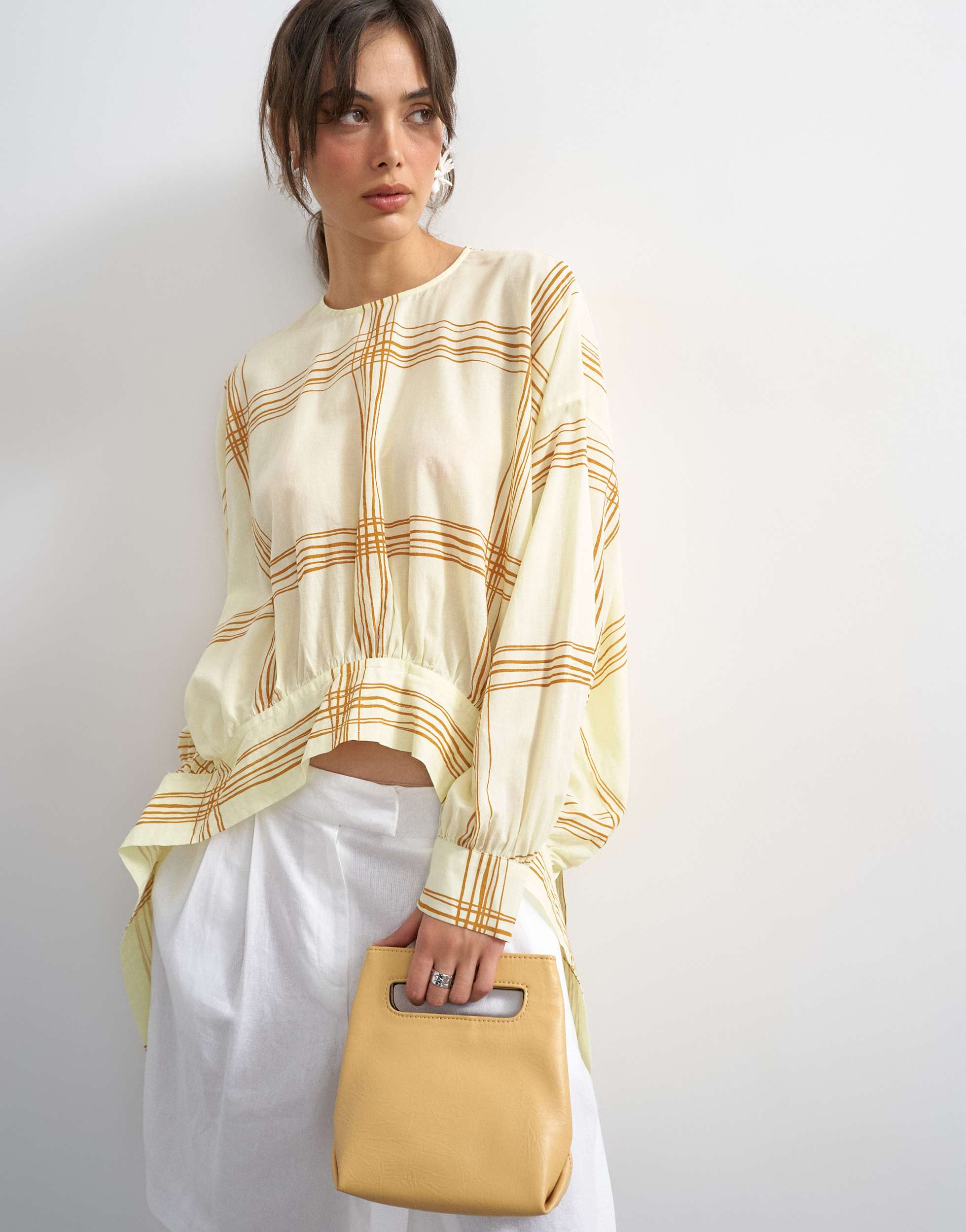 Topshop curved hem blouse in mustard check