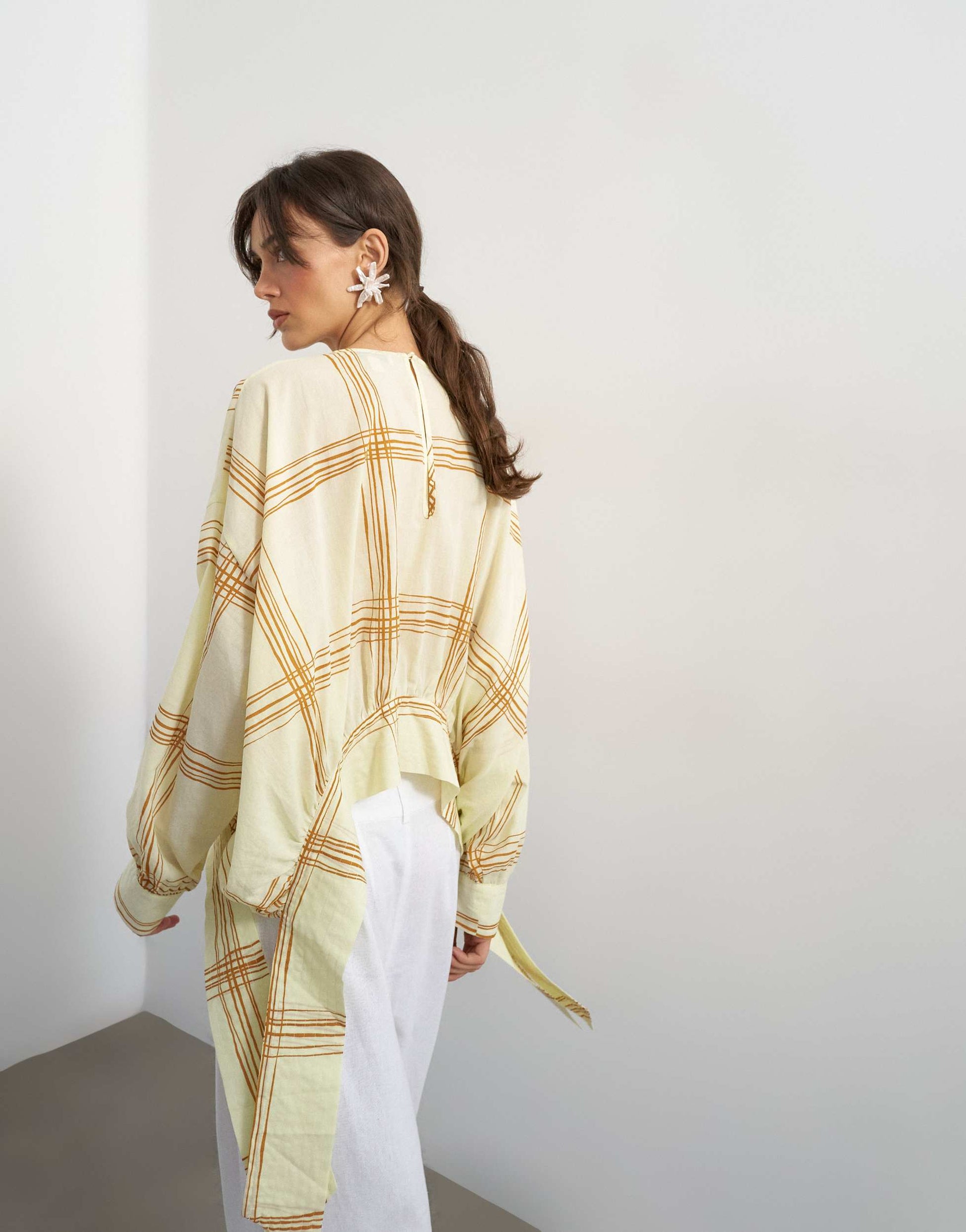 Topshop curved hem blouse in mustard check
