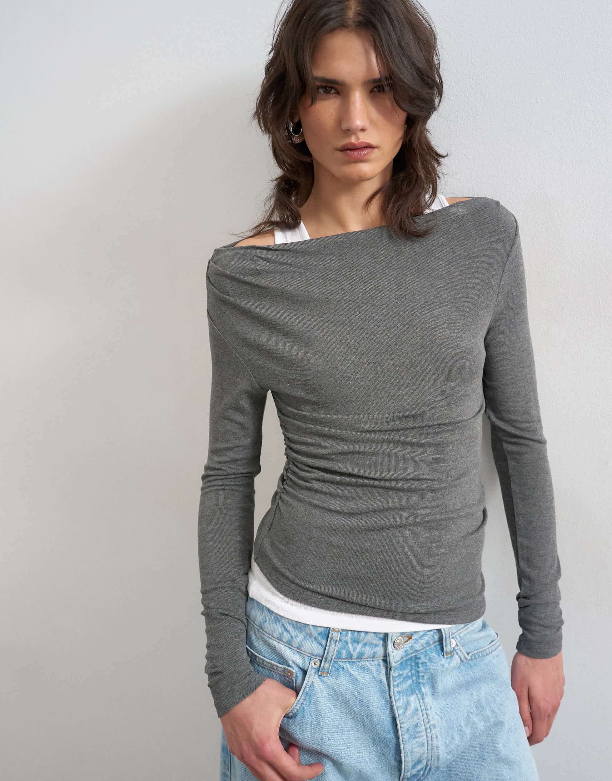 Topshop double layer long sleeve top in charcoal