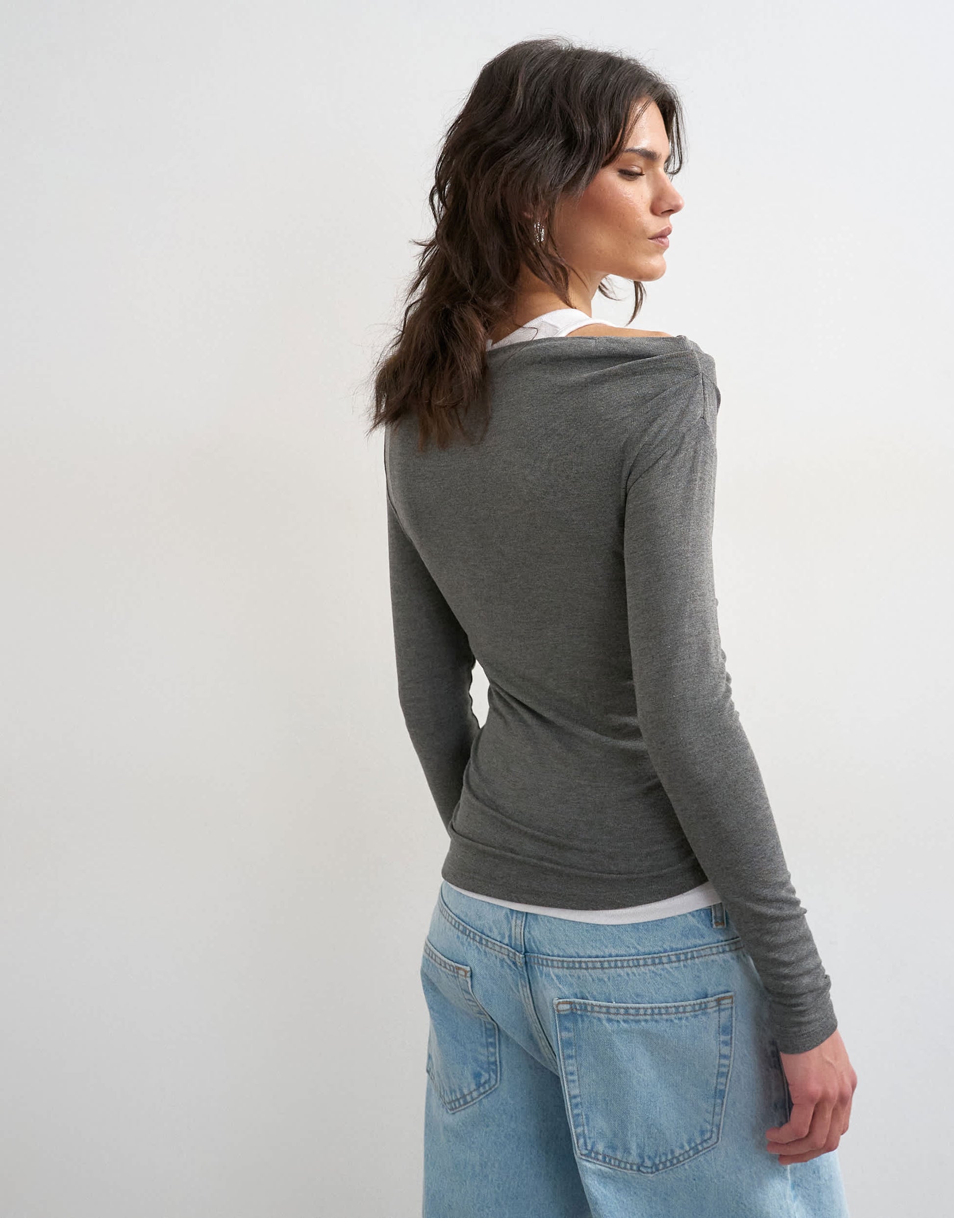 Topshop double layer long sleeve top in charcoal