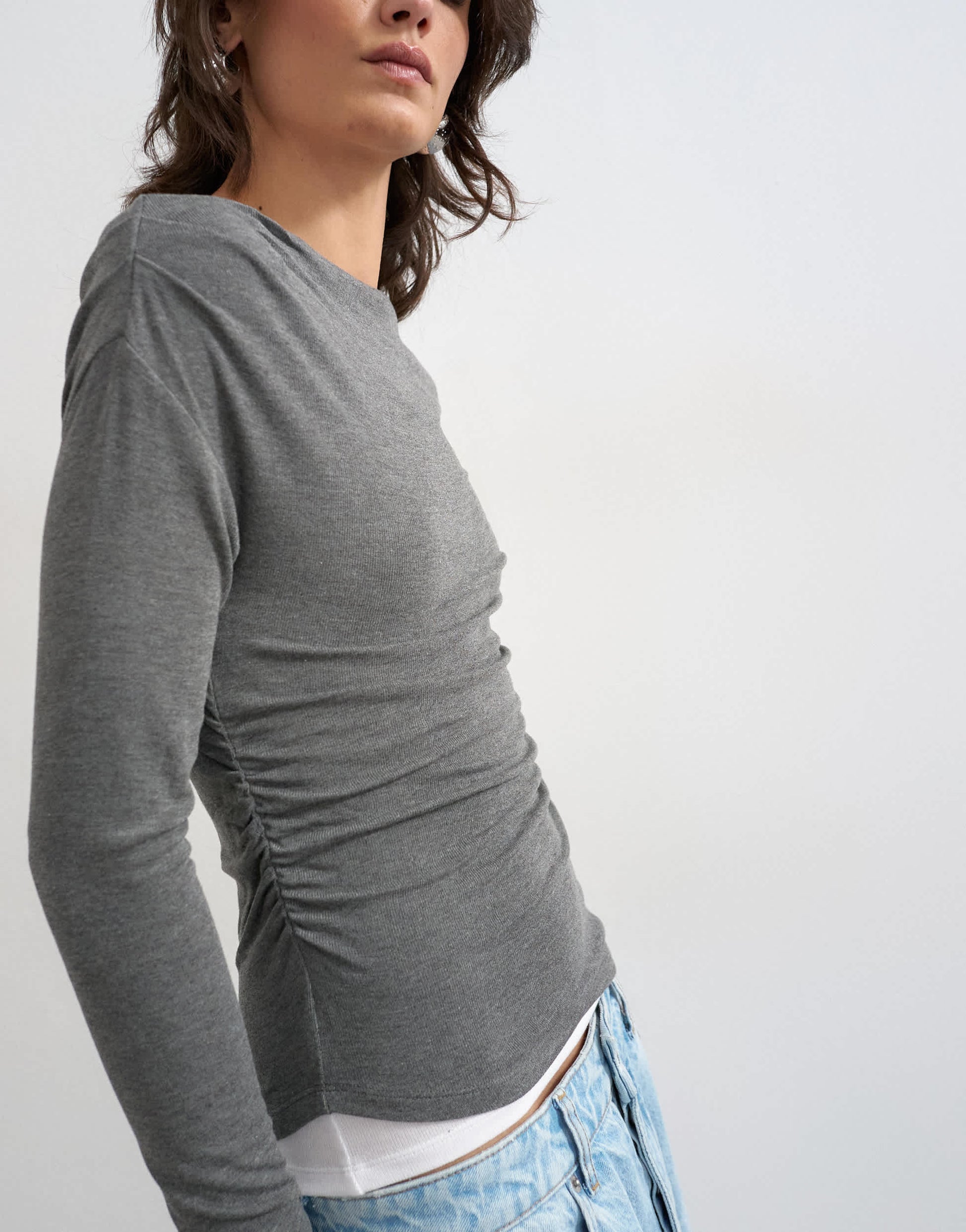 Topshop double layer long sleeve top in charcoal
