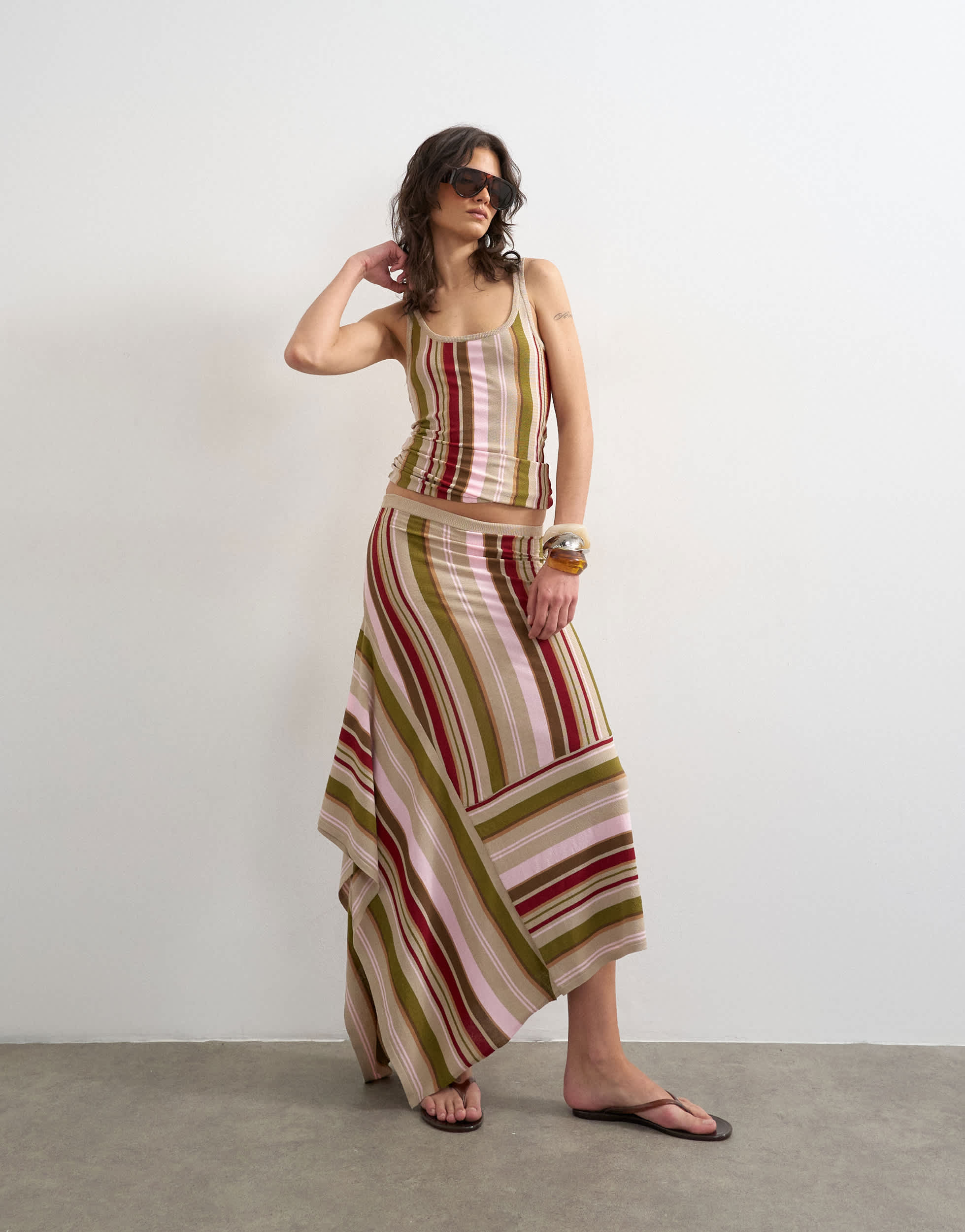 Topshop knitted stripe full skirt co-ord in green multi