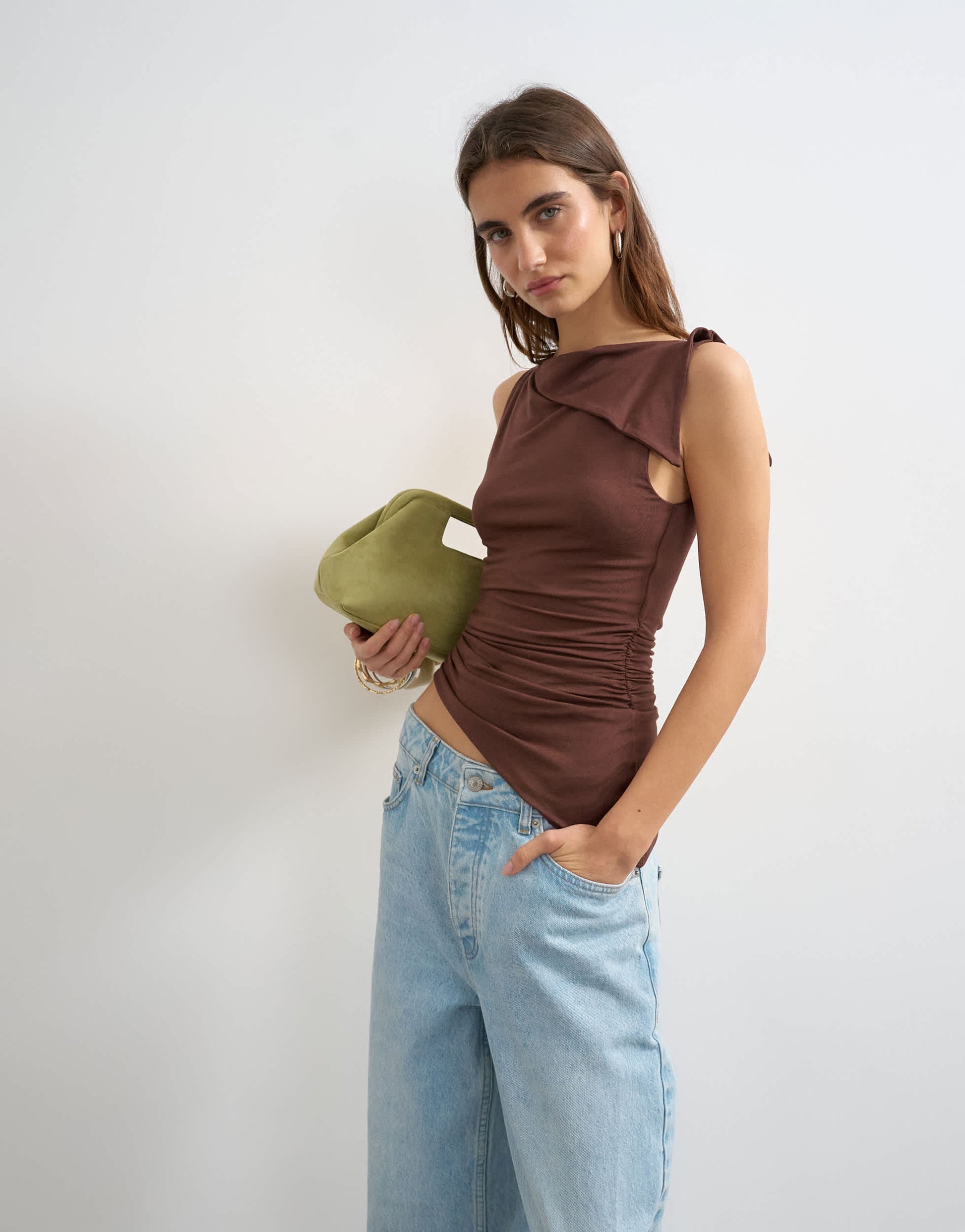 Topshop asymmetric tie shoulder tank in chocolate