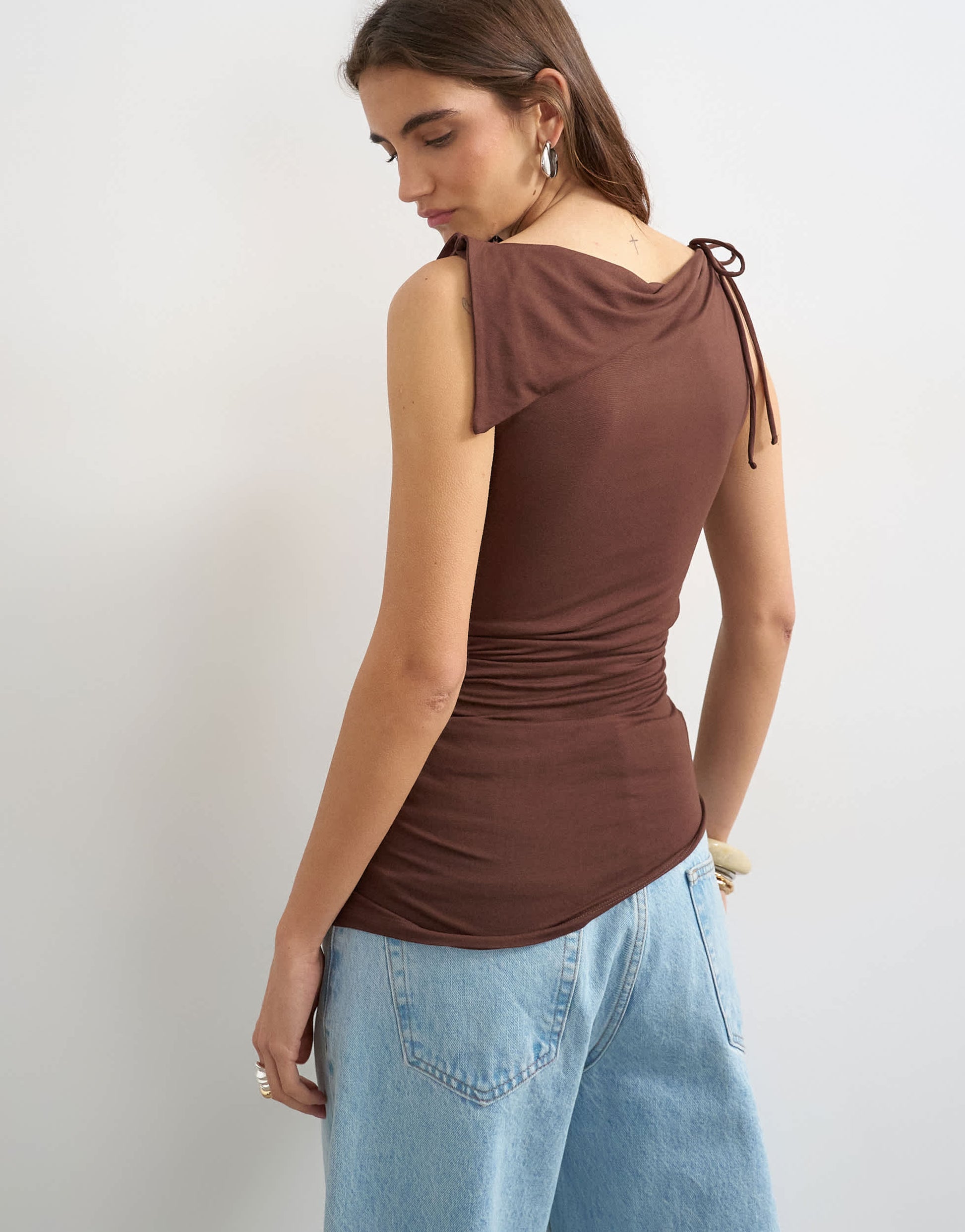 Topshop asymmetric tie shoulder tank in chocolate