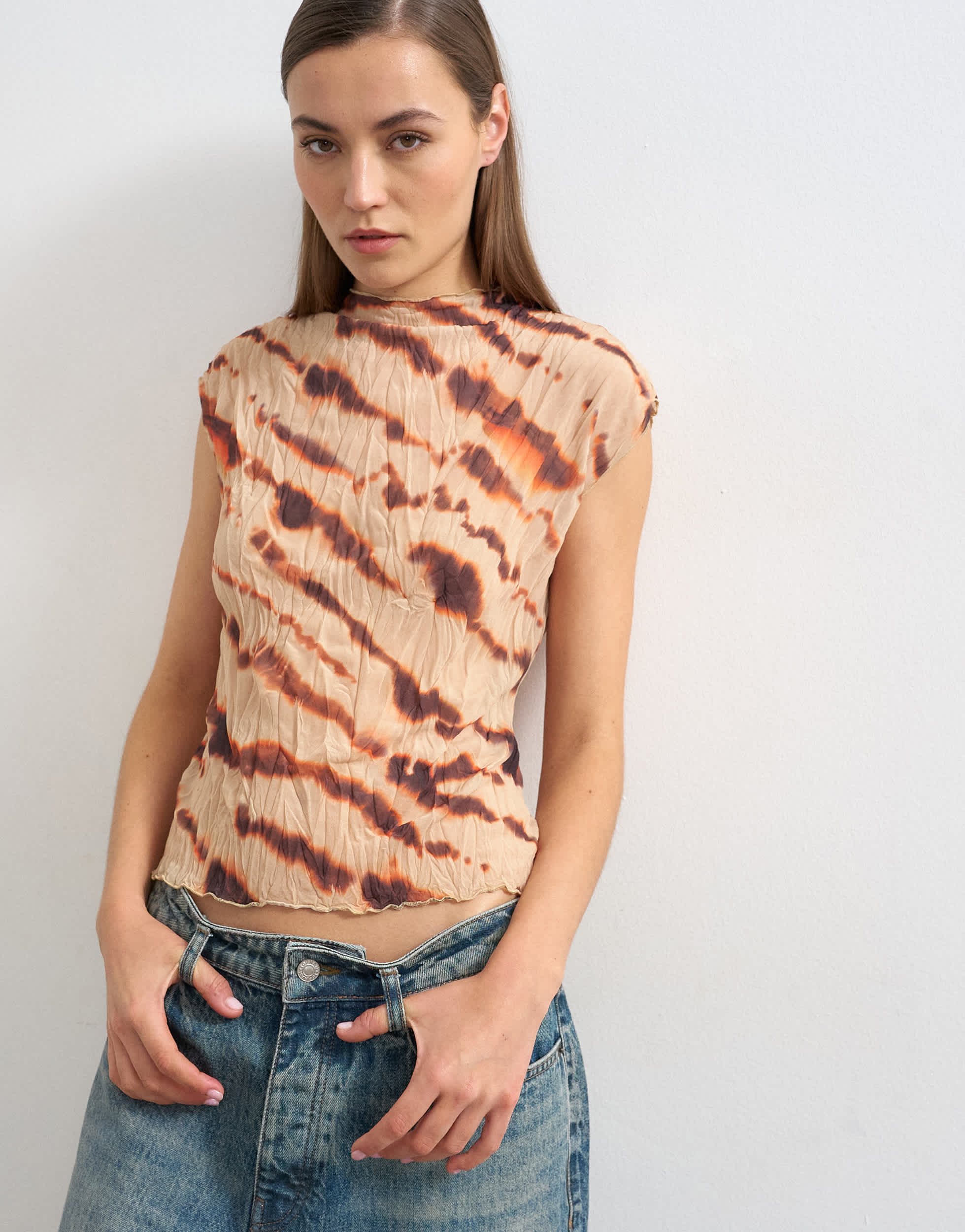 Topshop mesh crinkle fitted tee in animal print