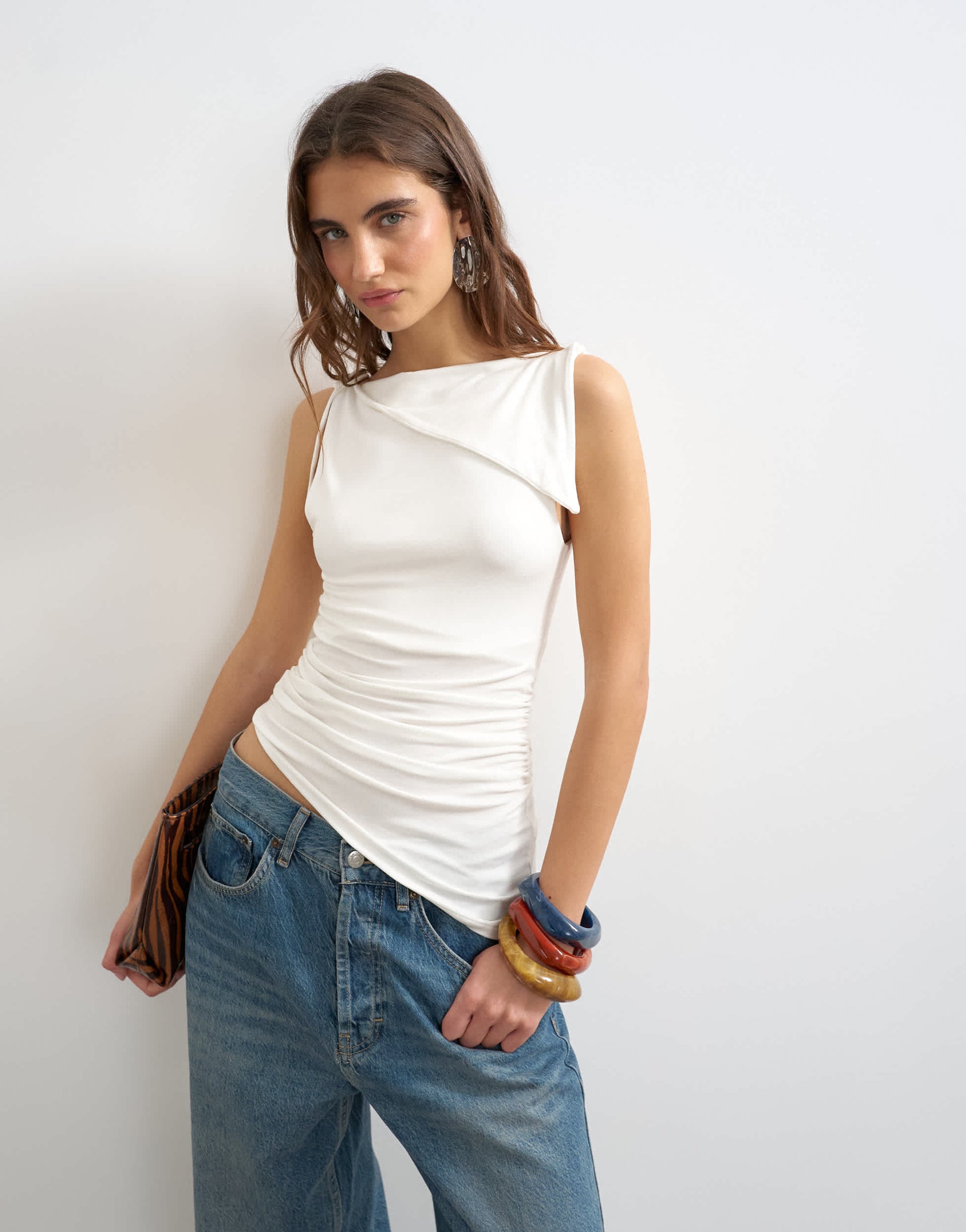 Topshop asymmetric tie shoulder tank in ecru