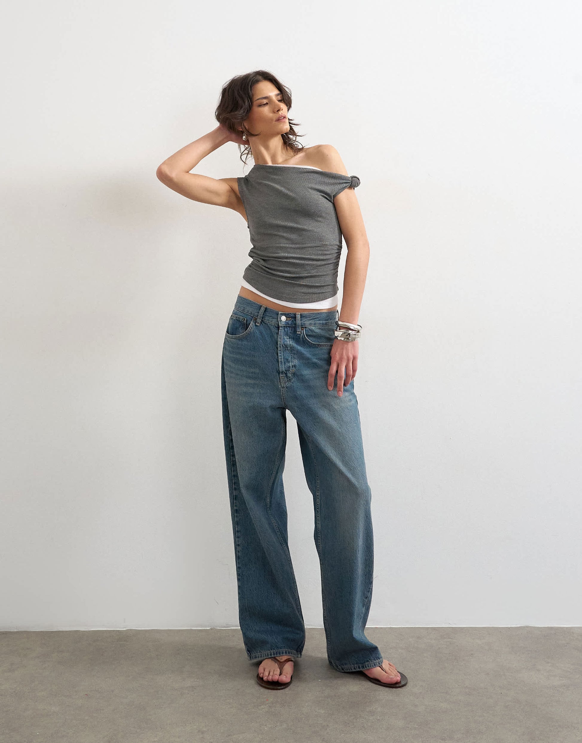 Topshop double layer drape top in charcoal