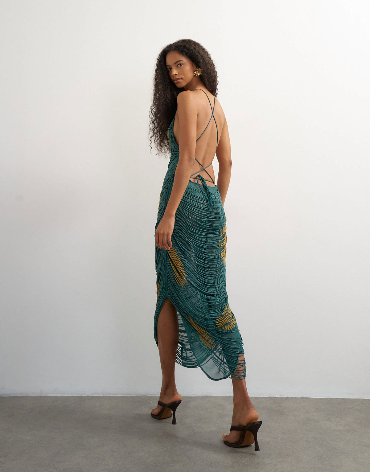 Topshop premium heavily embellished fringed maxi dress in teal polka dot