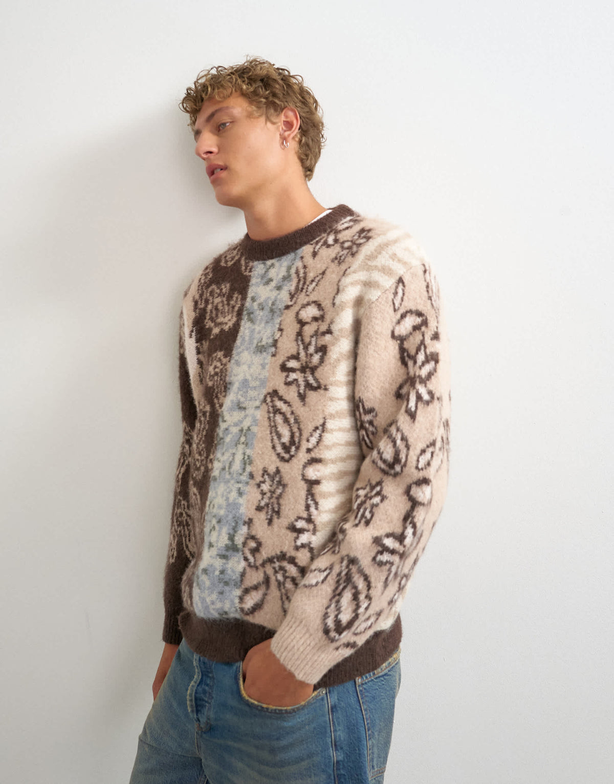 Topman relaxed fit knit jumper with placement paisley design In brown