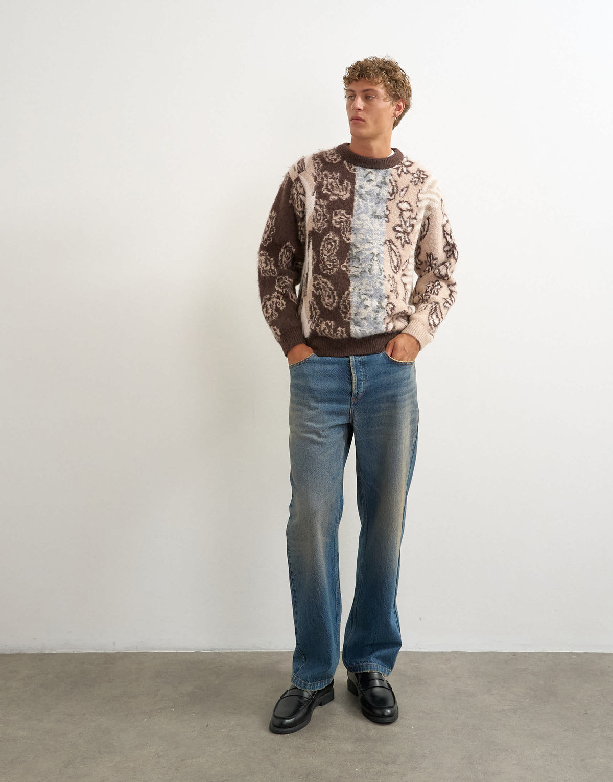 Topman relaxed fit knit jumper with placement paisley design In brown