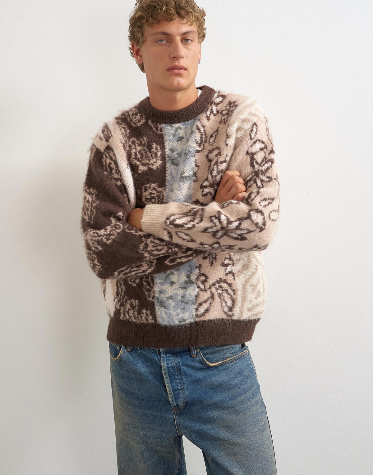 Topman relaxed fit knit jumper with placement paisley design In brown