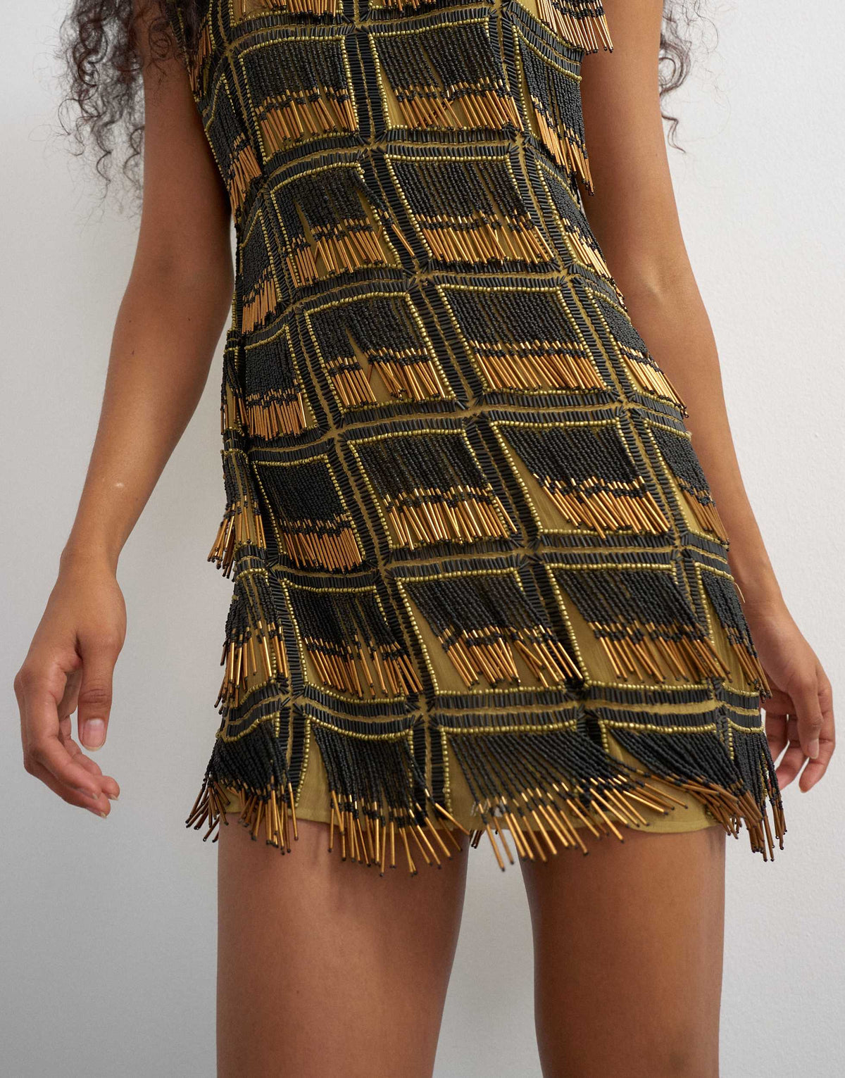Topshop premium heavily embellished open back mini dress in black and gold