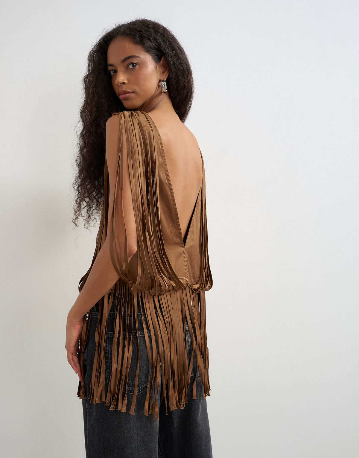 Topshop fringe detail top in brown