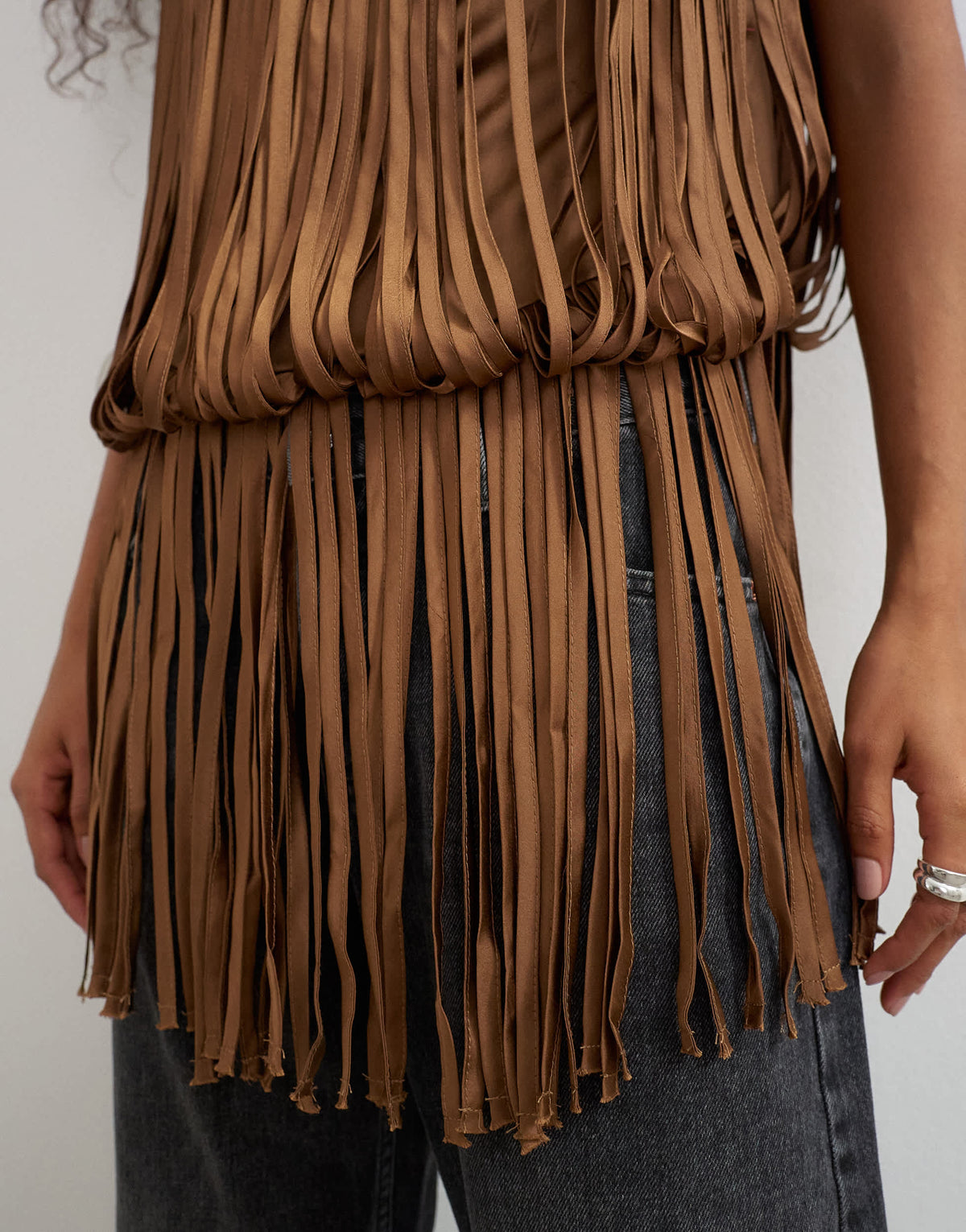 Topshop fringe detail top in brown
