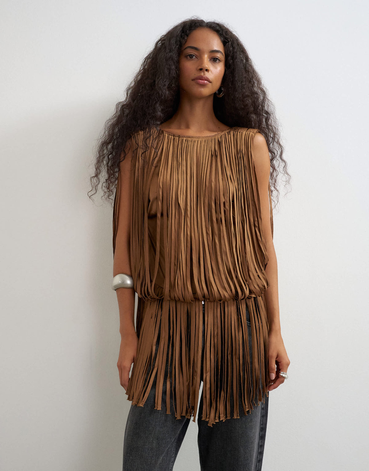 Topshop fringe detail top in brown