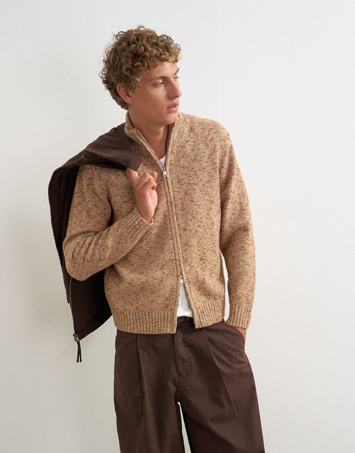 Topman classic fit funnel neck nep jumper with double zip in stone