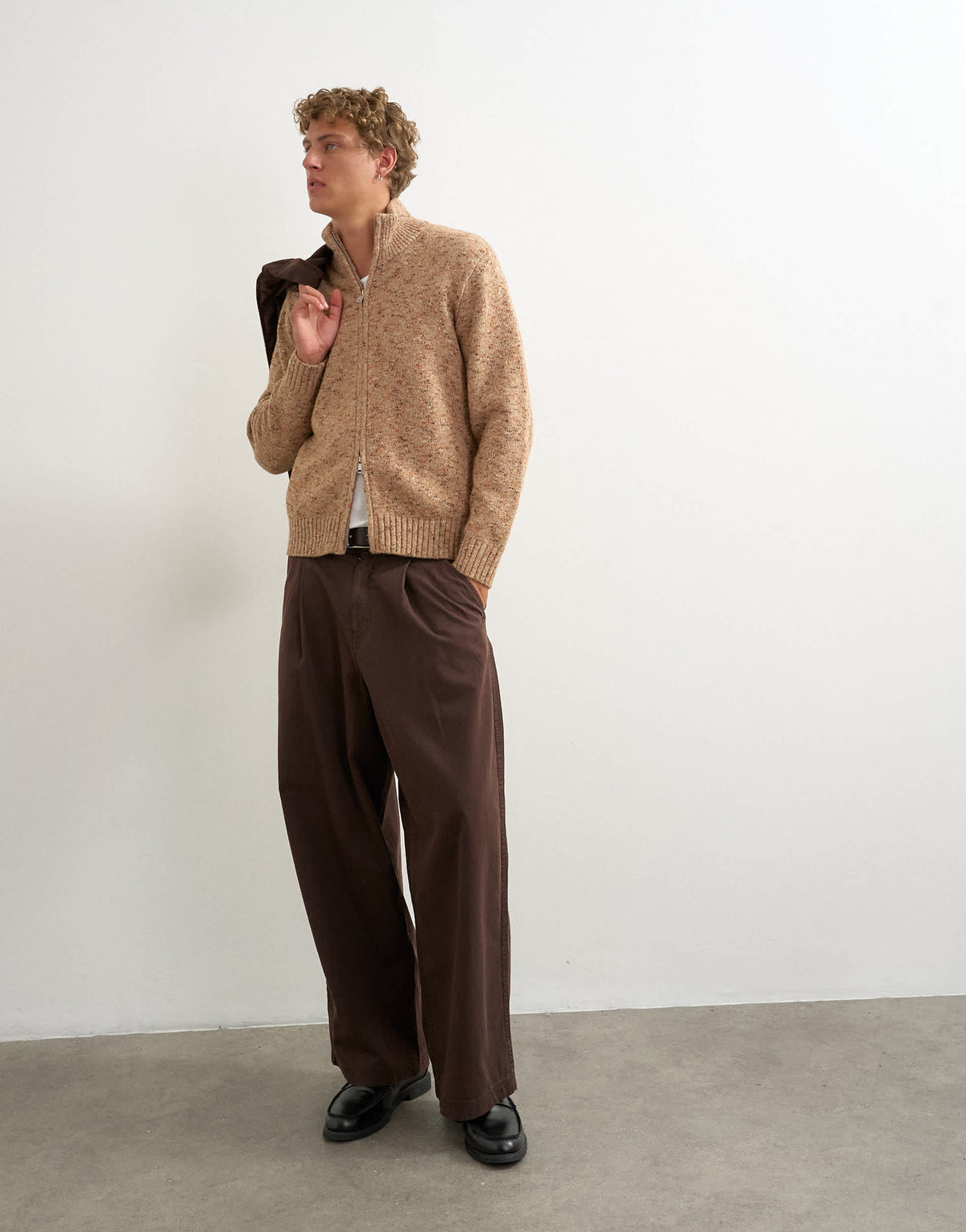 Topman classic fit funnel neck nep jumper with double zip in stone