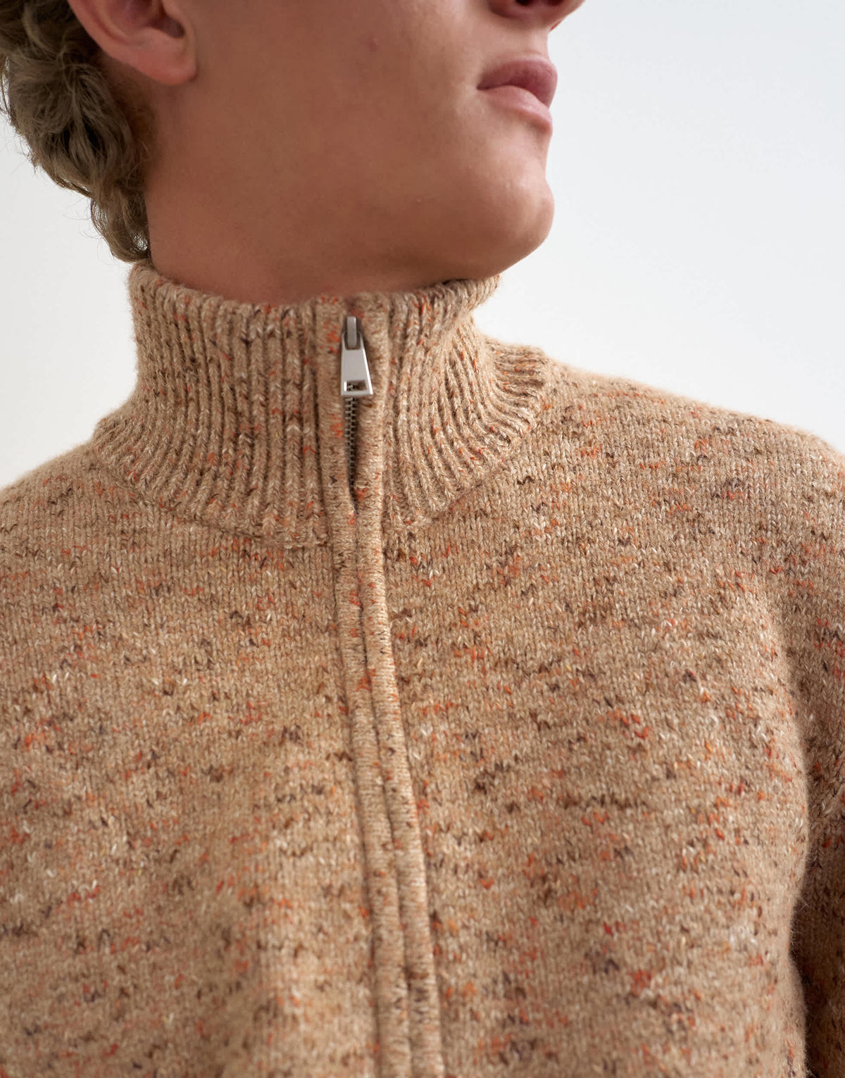 Topman classic fit funnel neck nep jumper with double zip in stone