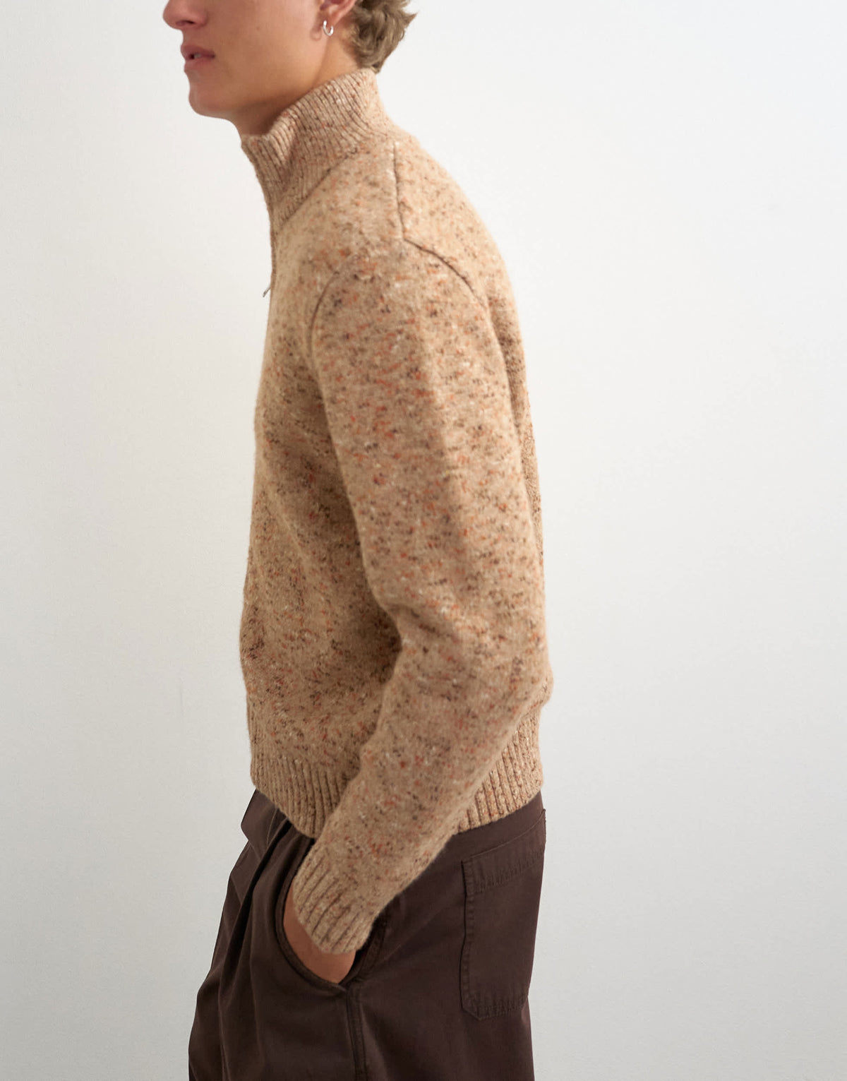 Topman classic fit funnel neck nep jumper with double zip in stone