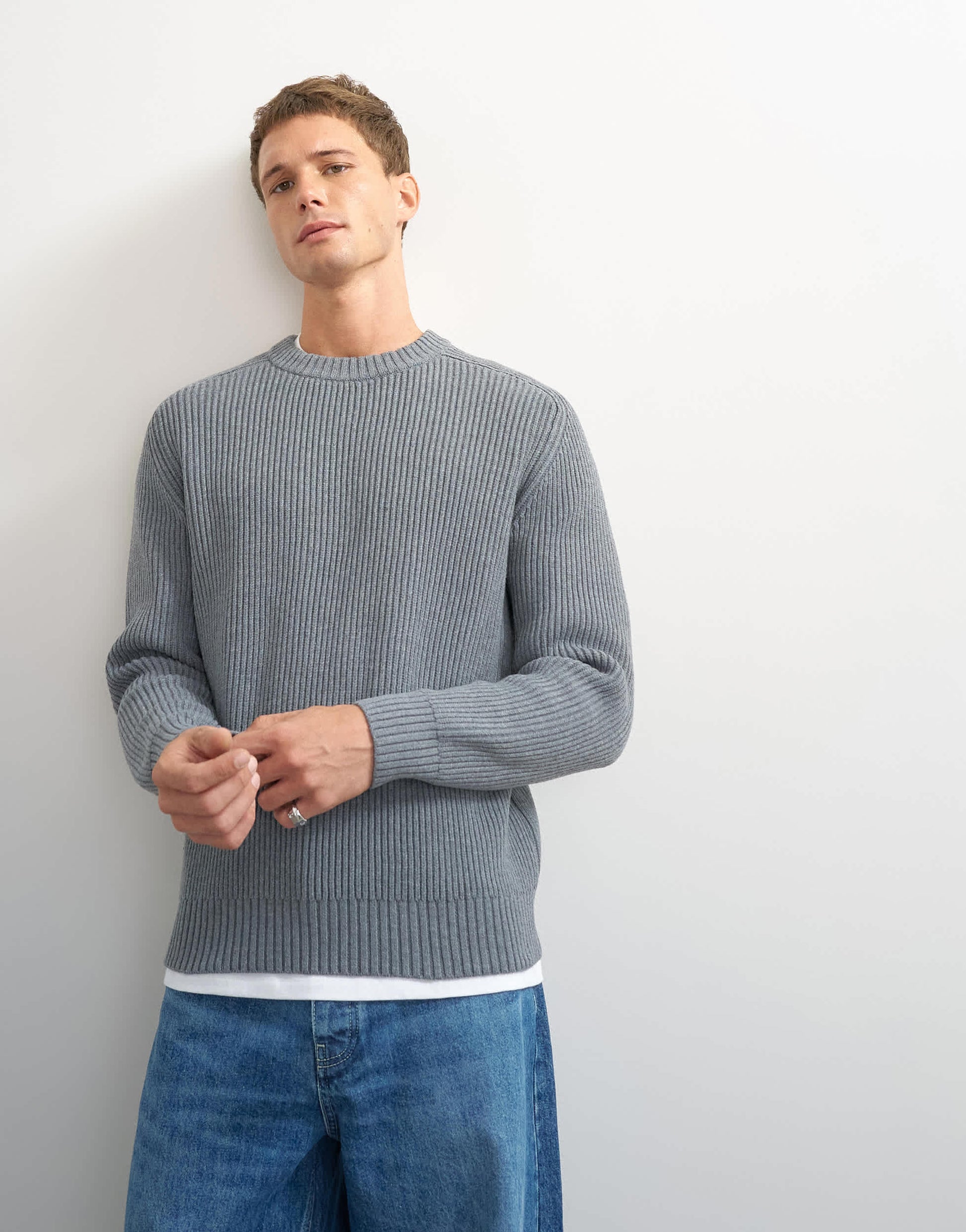 Topman classic fit fisherman knit jumper in grey