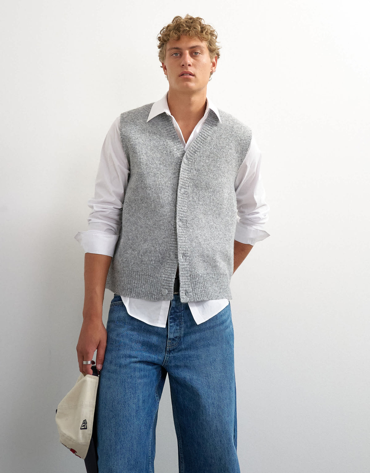 Topman classic fit button through knit tank in grey