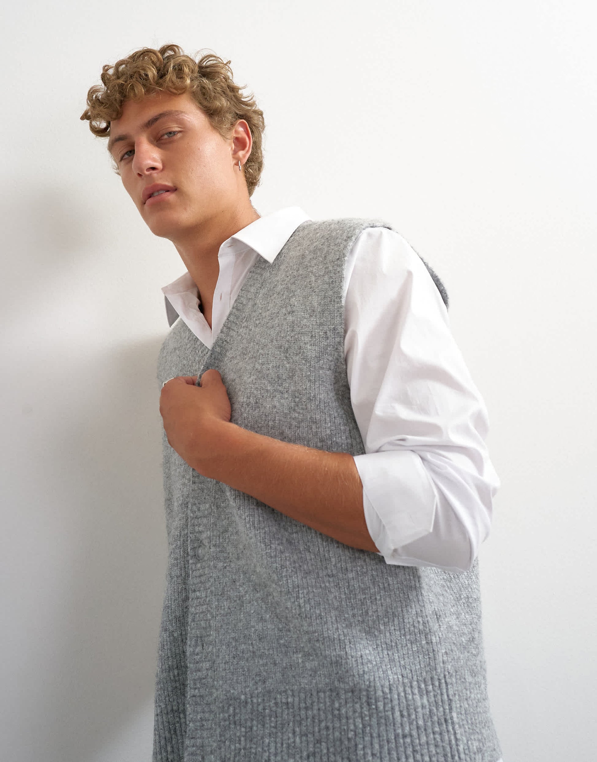 Topman classic fit button through knit tank in grey