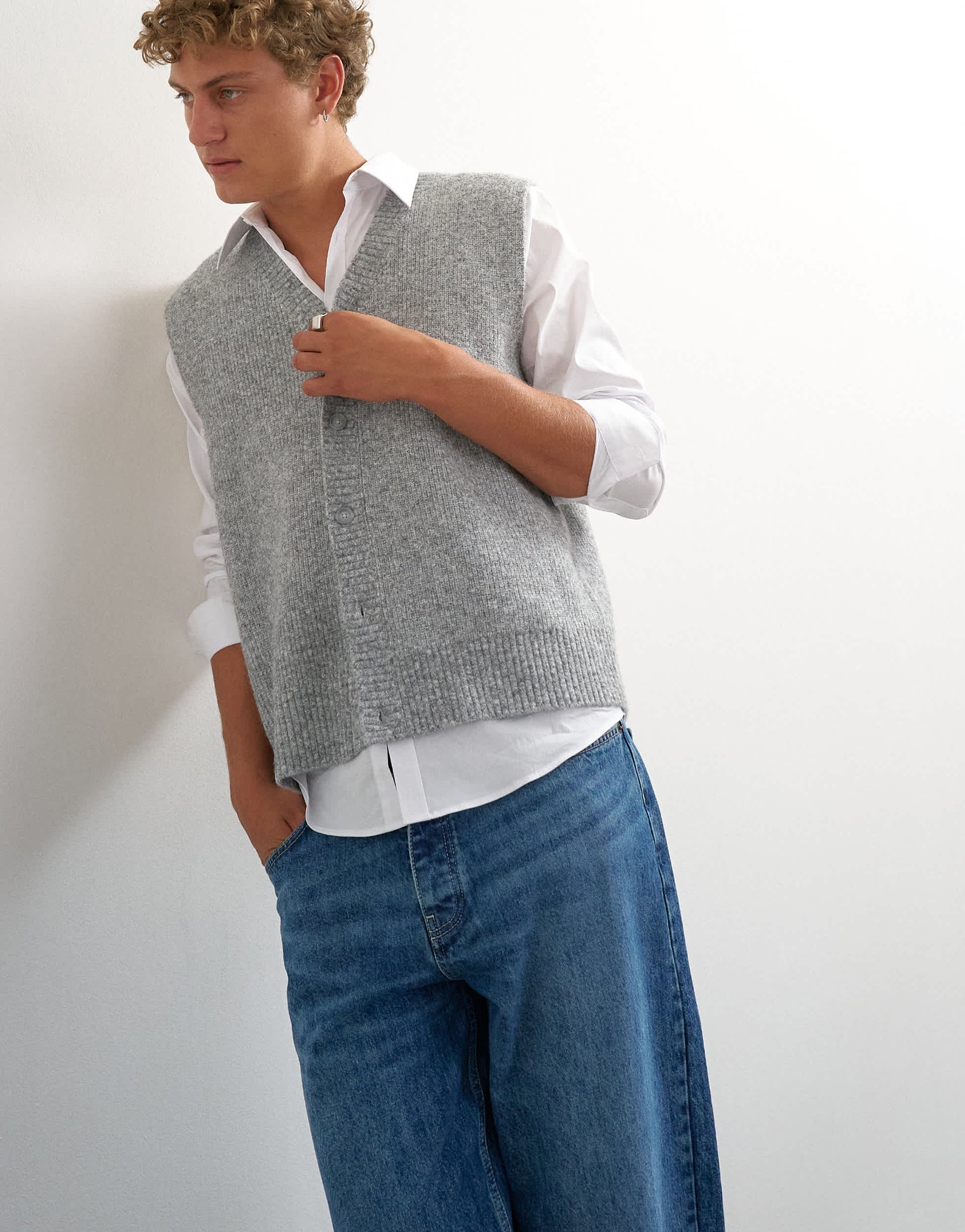 Topman classic fit button through knit tank in grey