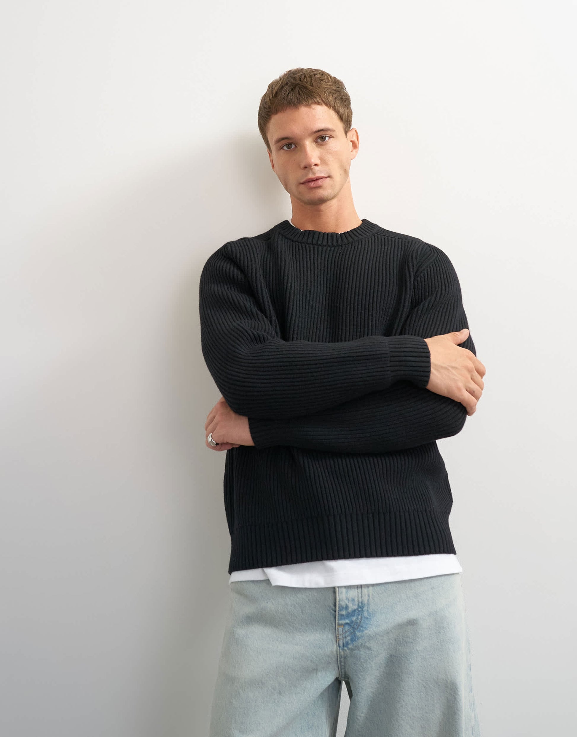 Topman classic fit fisherman knit jumper in black