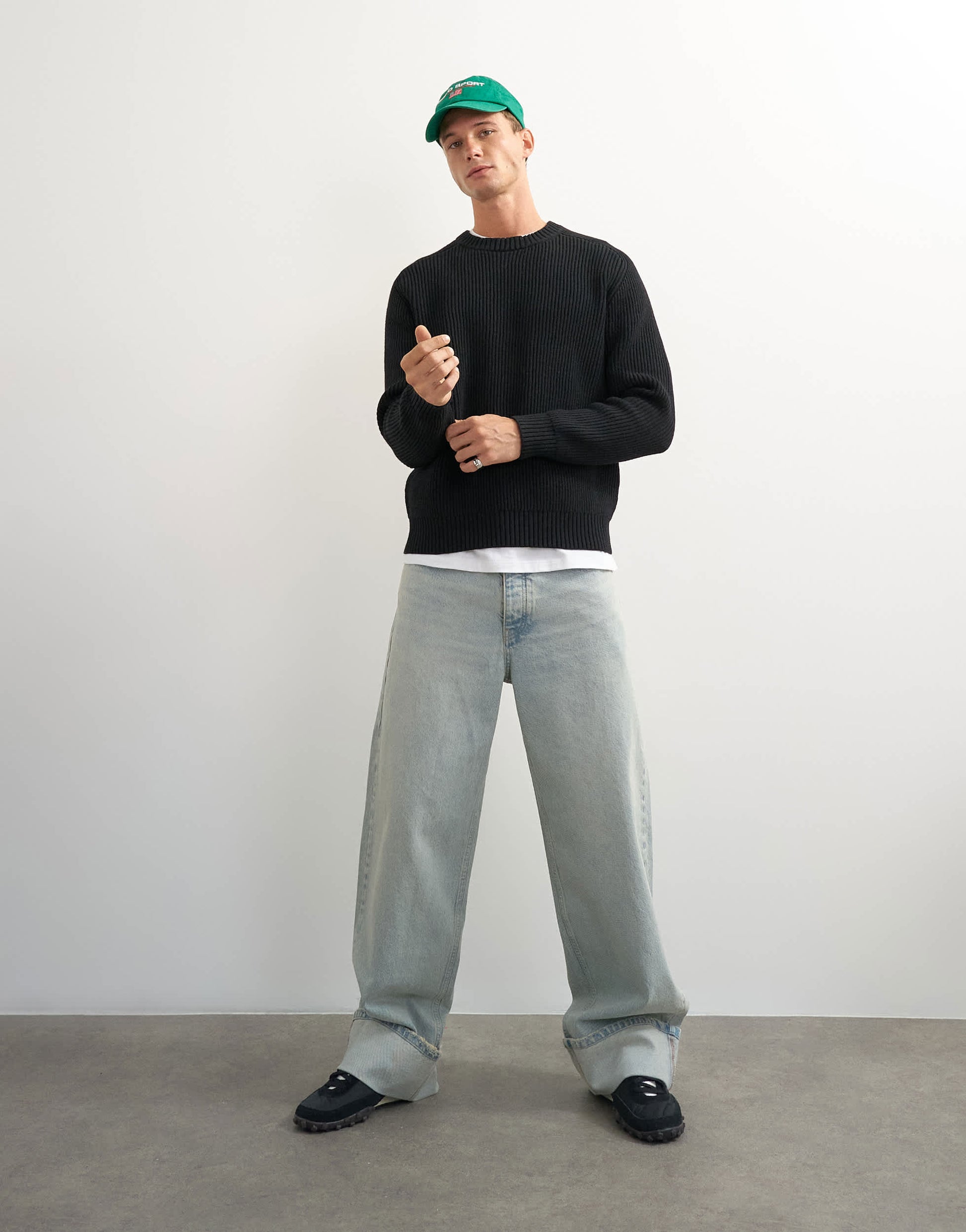 Topman classic fit fisherman knit jumper in black