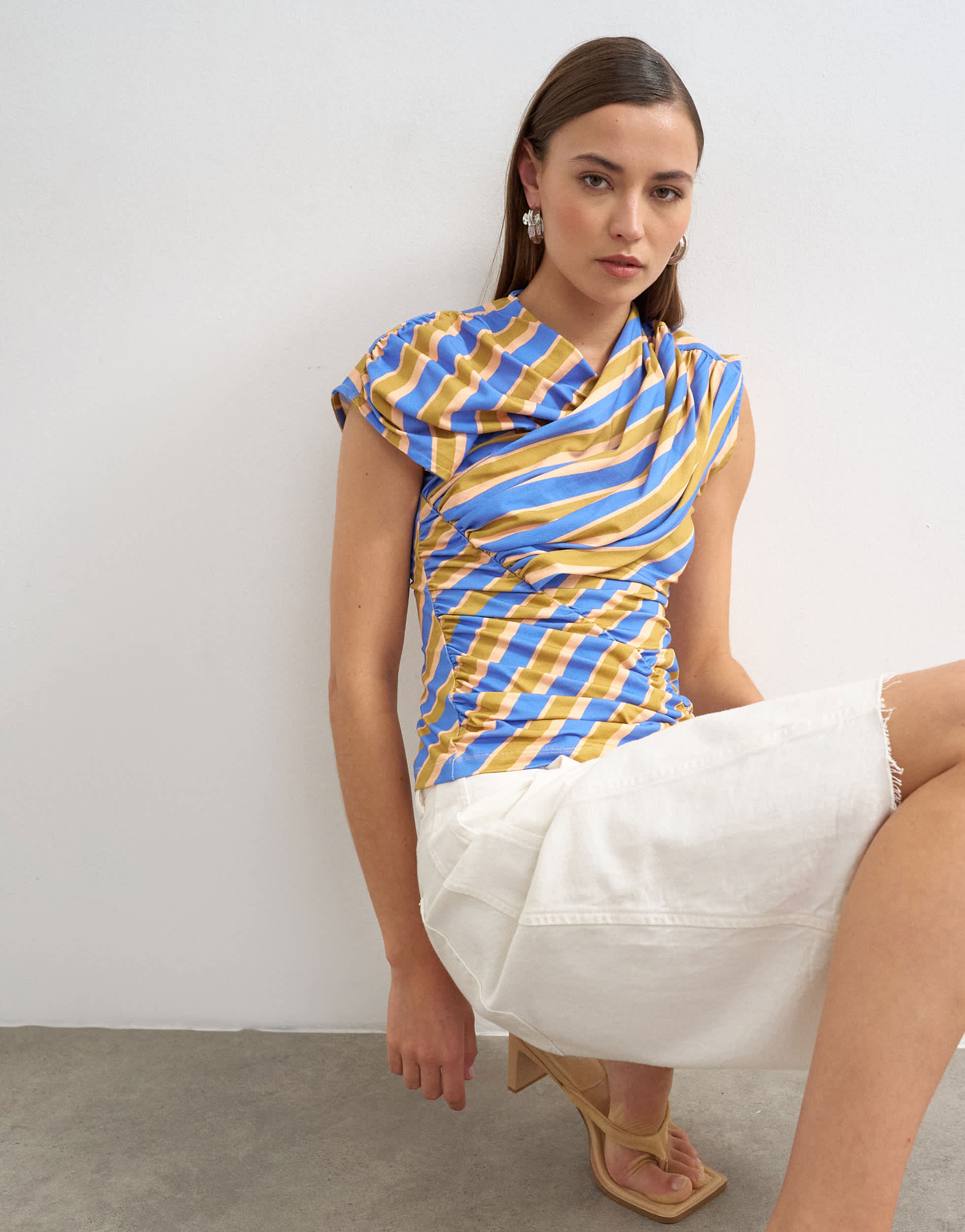Topshop striped wrap front ruched top in multi