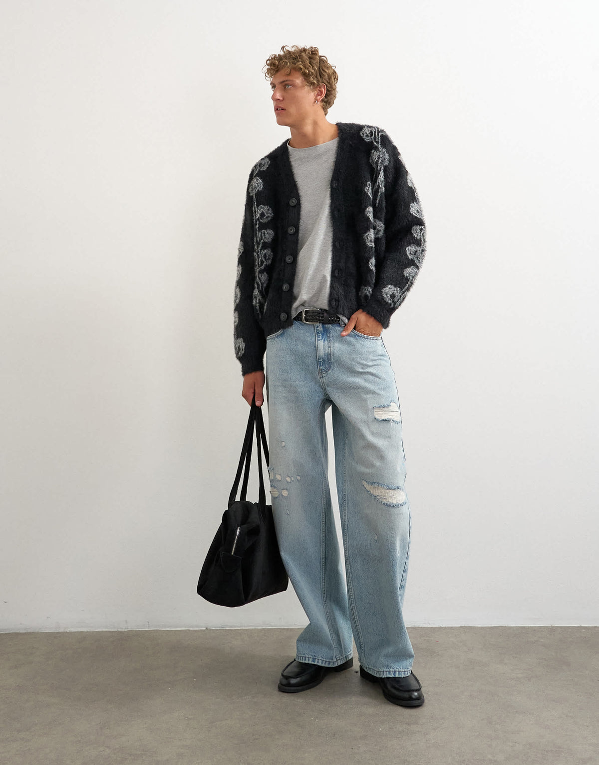 Topman relaxed fit fluffy knit cardigan with floral design in black