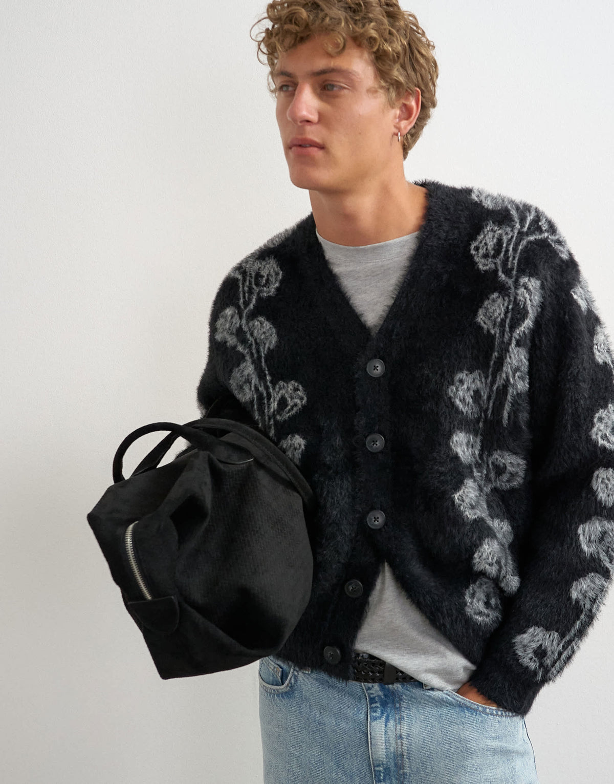 Topman relaxed fit fluffy knit cardigan with floral design in black