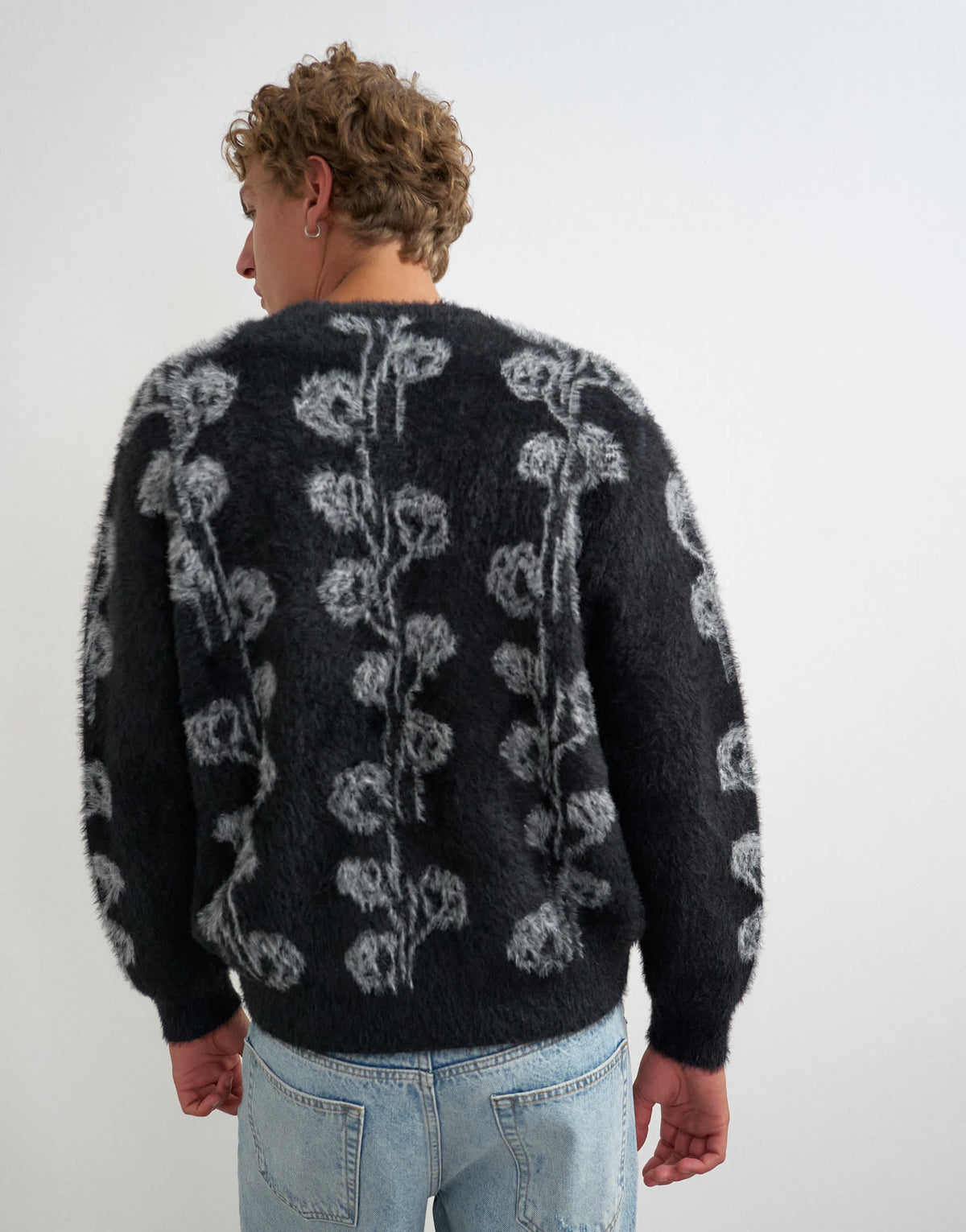 Topman relaxed fit fluffy knit cardigan with floral design in black