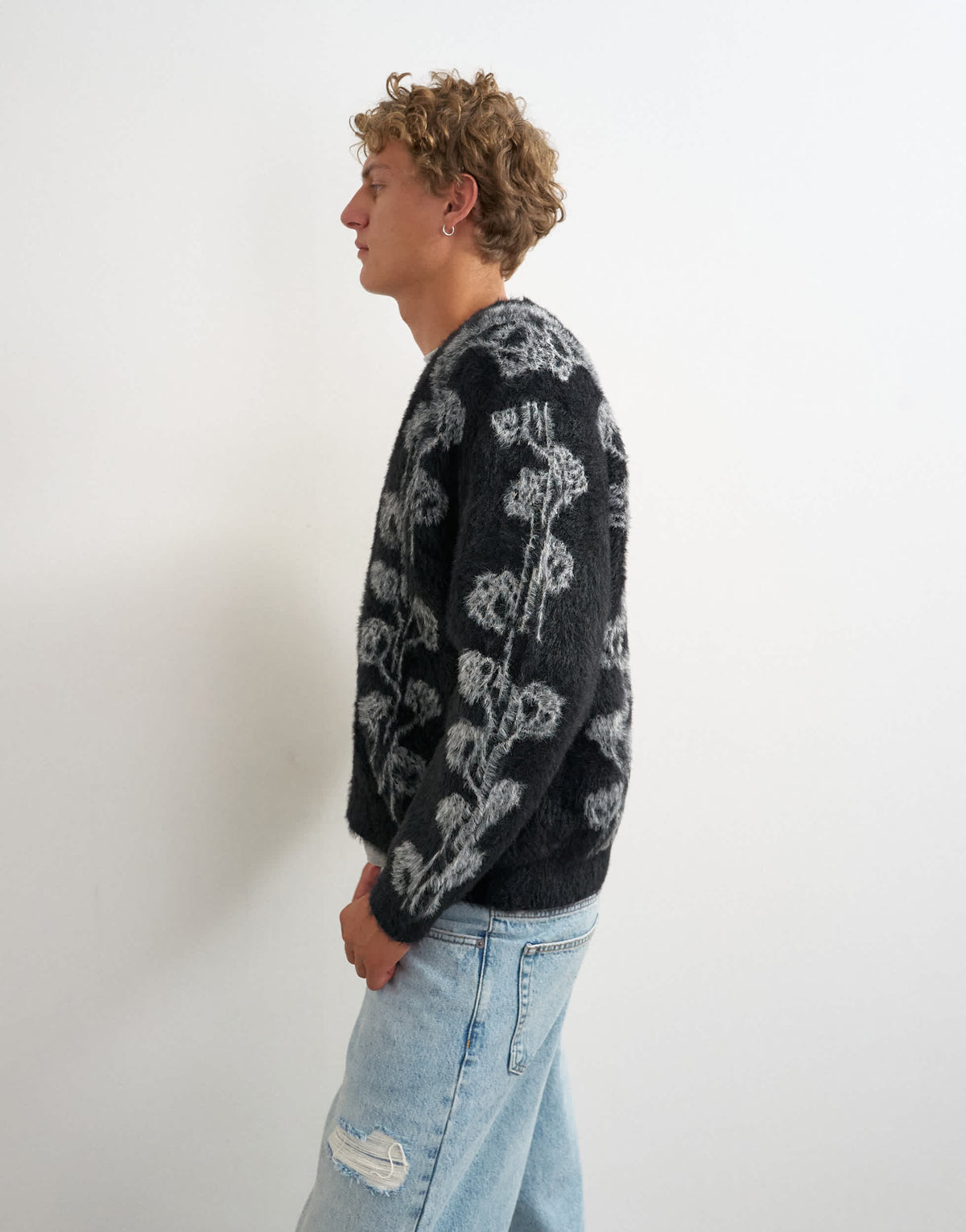 Topman relaxed fit fluffy knit cardigan with floral design in black