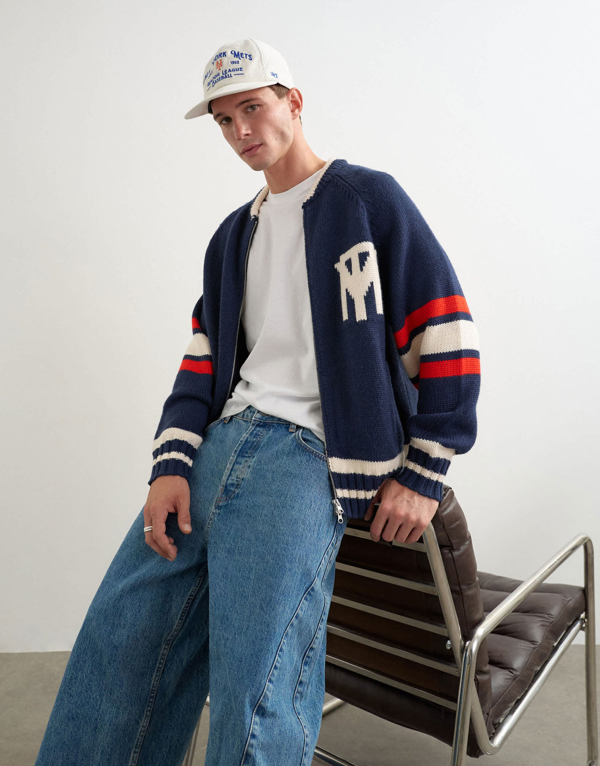 Topman relaxed fit heavyweight knit varsity cardigan in navy