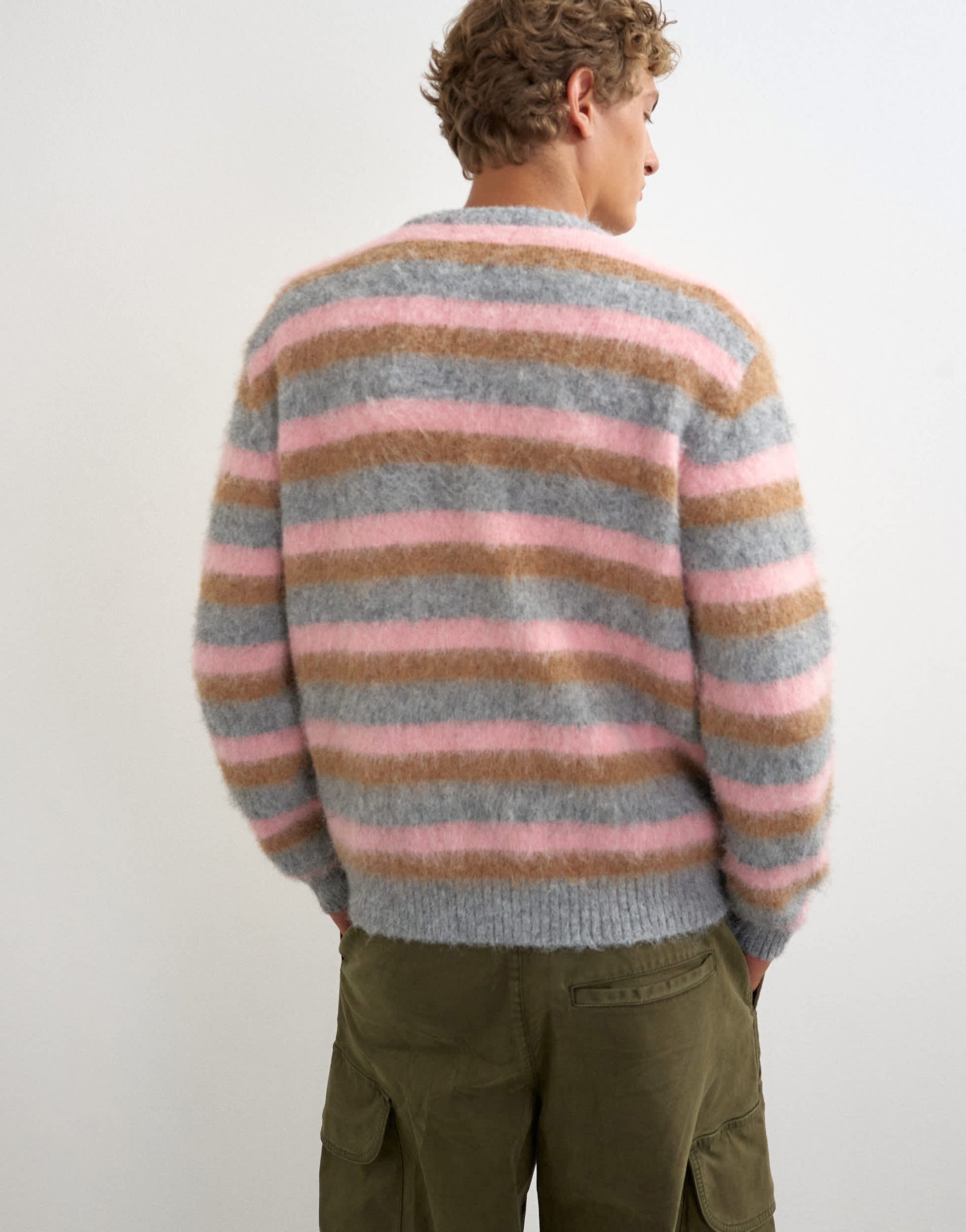 Topman classic fit fluffy jumper with stripe in pink