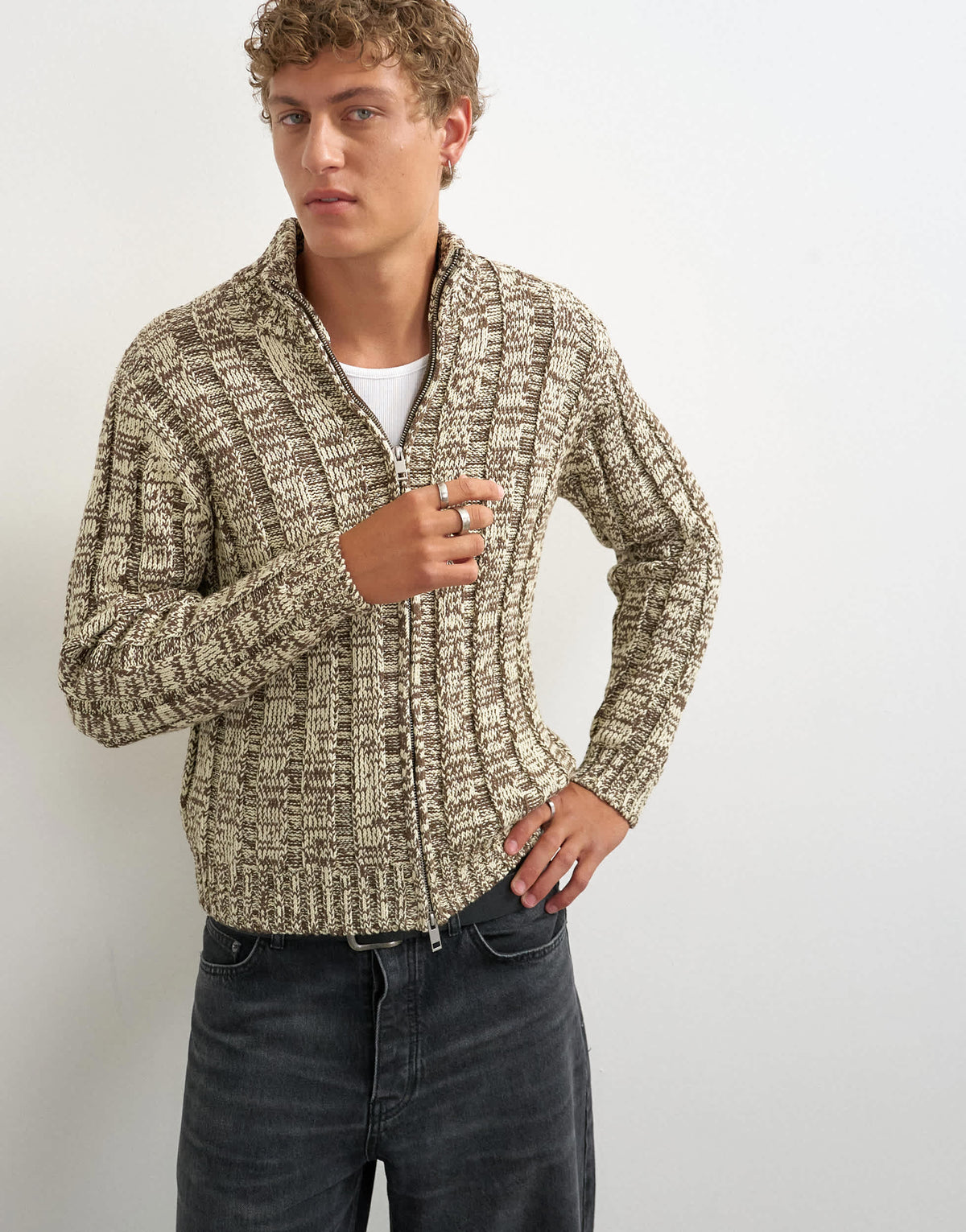 Topman slim fit funnel neck twist jumper with double zip in brown