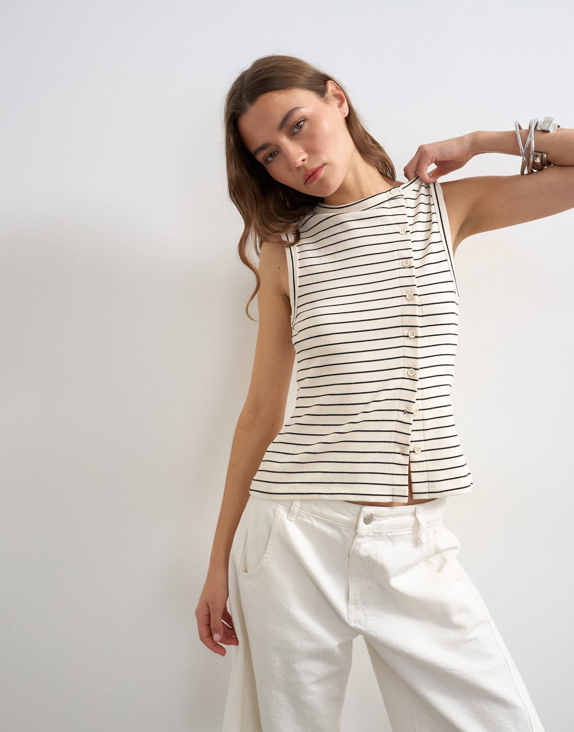 Topshop stripe button through vest in ivory and black