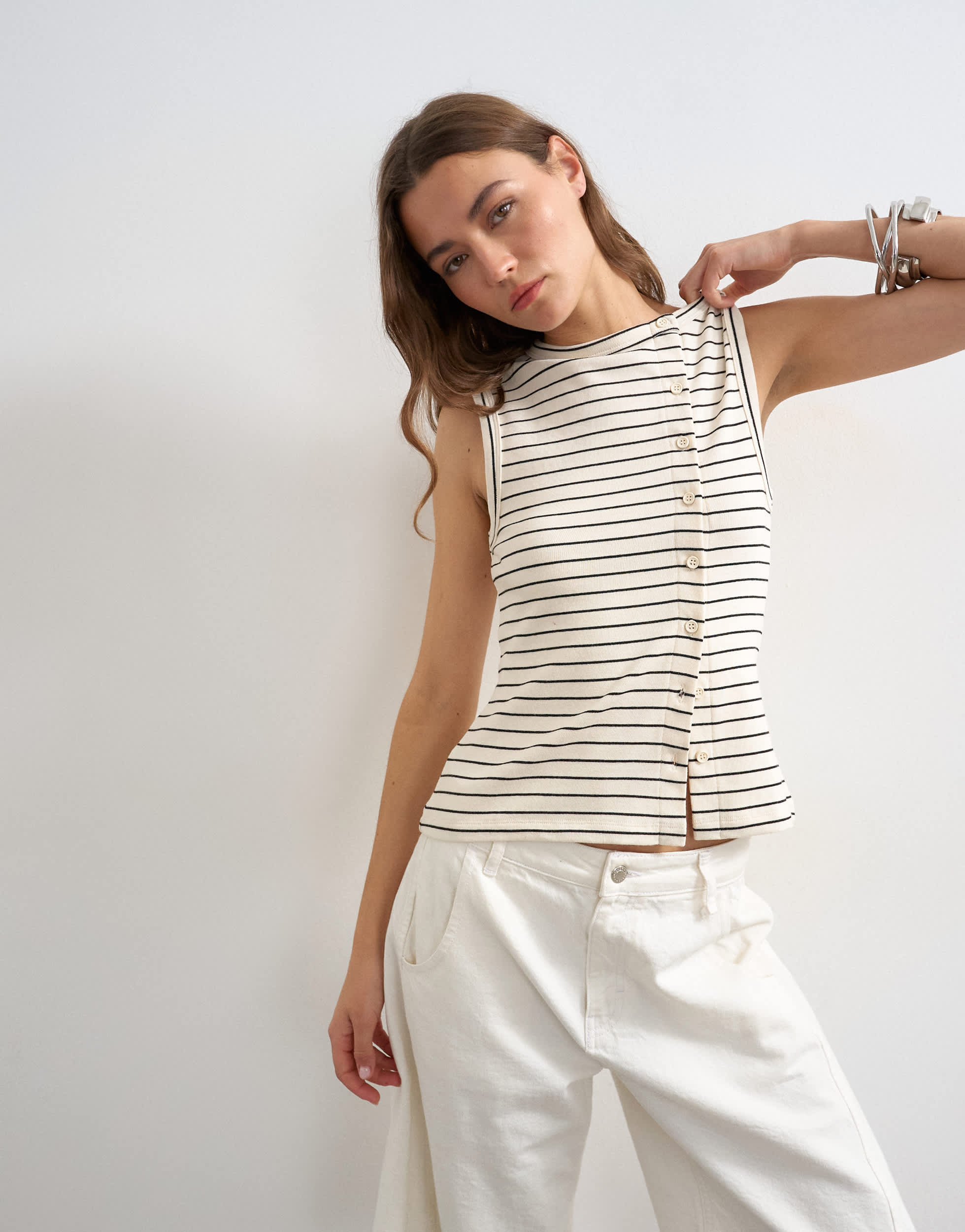 Topshop stripe button through vest in ivory and black