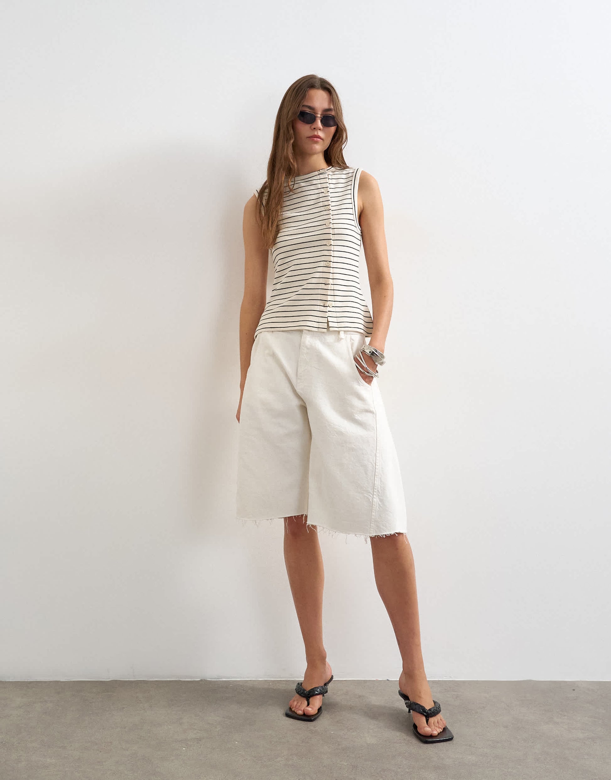Topshop stripe button through vest in ivory and black