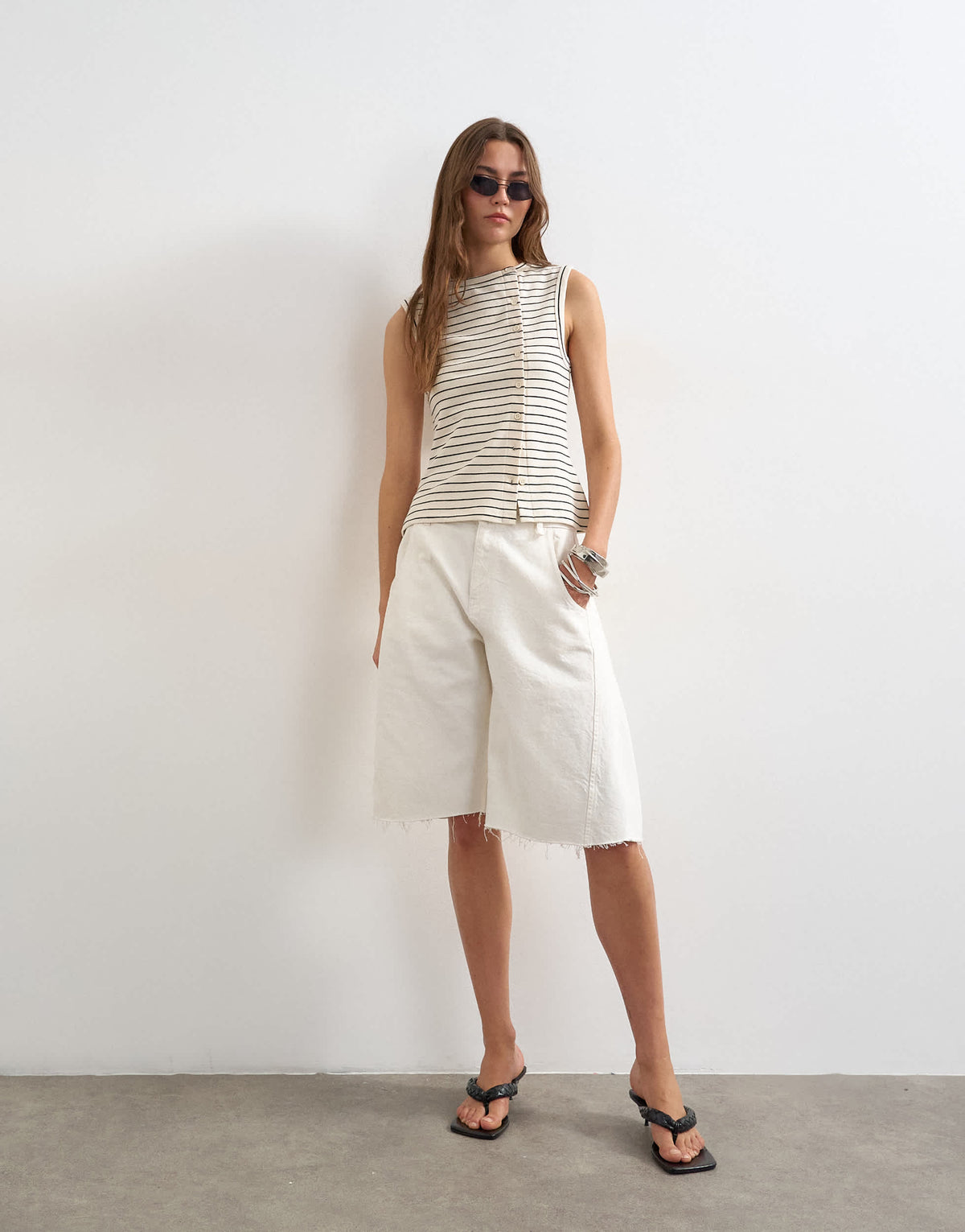 Topshop stripe button through vest in ivory and black